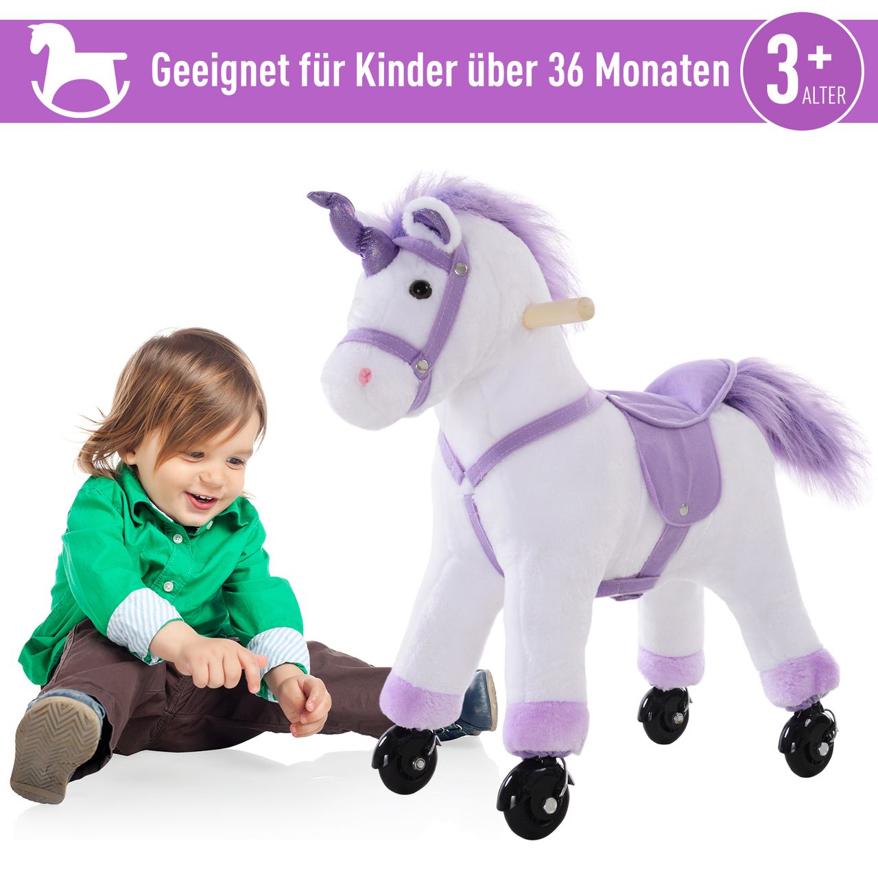 HOMCOM Reitpferd auf Rollen Spielpferd Reittier Fortbewegung Wiehern Plüsch Lila 55 x 23 x 60 cm
