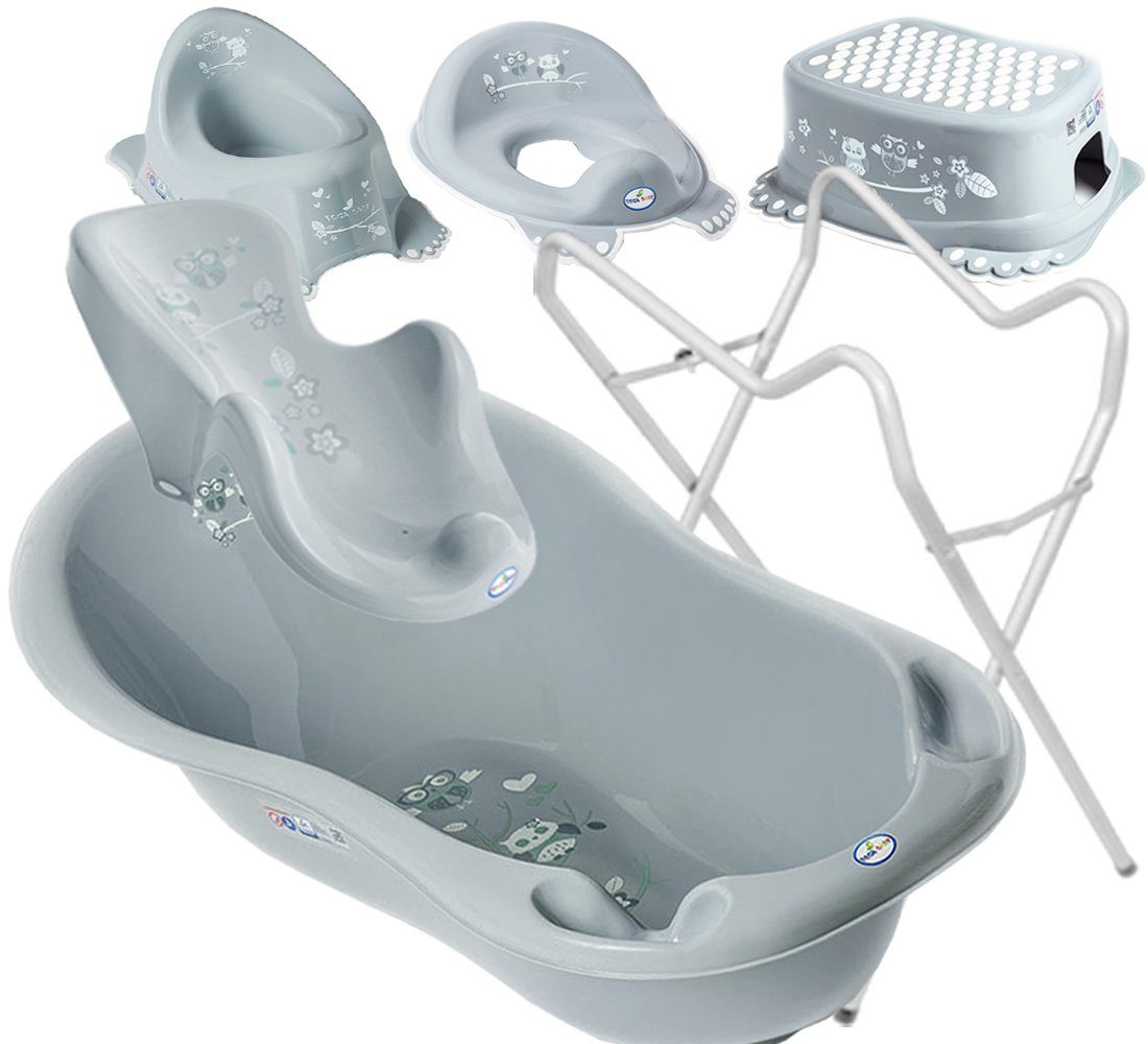 Tega-Baby Babybadewanne 5 TEILE SET - EULE Grau + Gestell Weiss - Baden, (Made in Europe, Premium.set – 5 Teile + Ständer), **Wanne, Badesitz, Töpfchen, Wc Aufsatz, Hocker, Ständer **