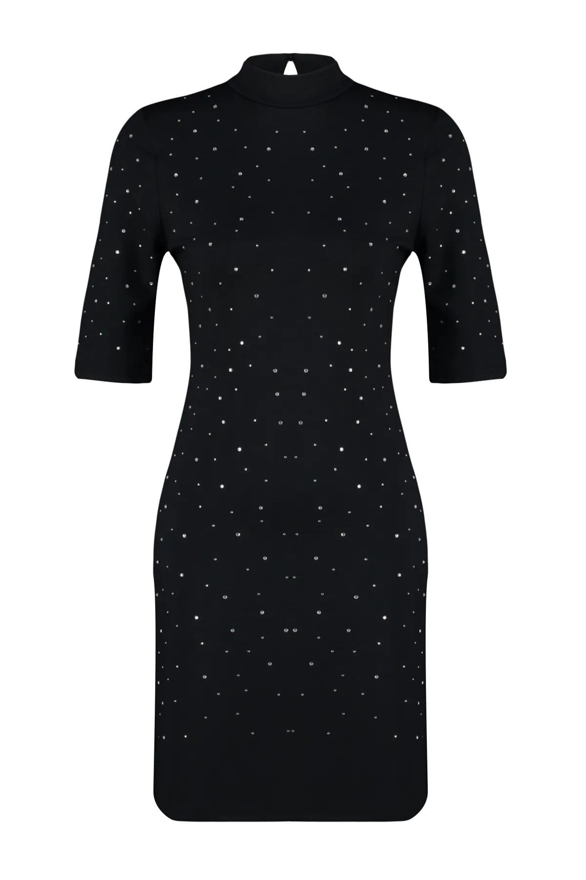 Trendyol Collection  Schwarzes, kurzärmliges Mini-Bleistiftkleid aus Strick mit Steindetail im Skater-/Gürtelstil TWOAW24EL00395