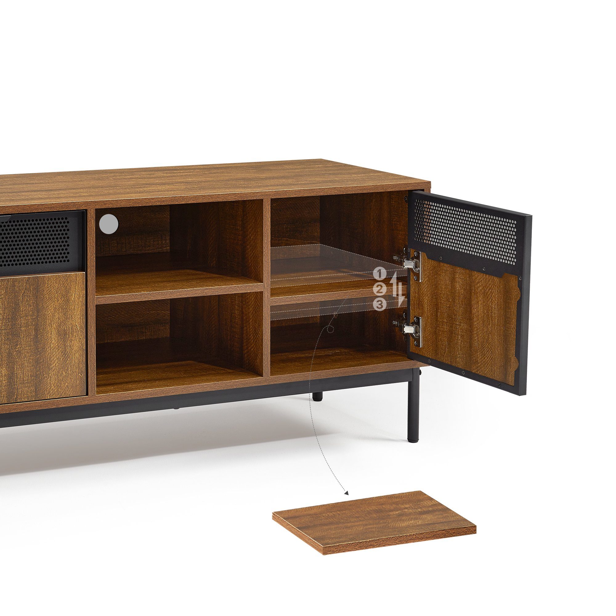 Mondeer Lowboard TV Schrank (TV Lowboard), mit 2 Ausgehöhlten Metalltüren und Verstellbarem Einlegeboden