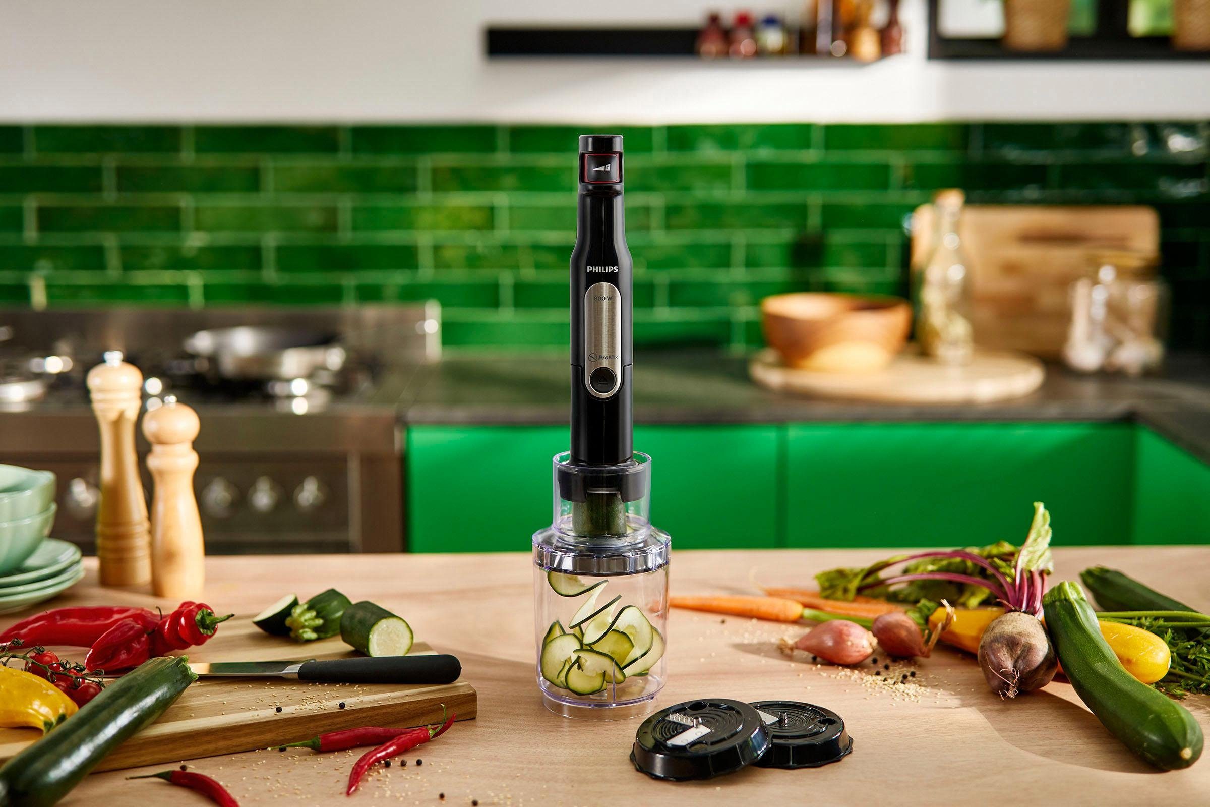 Philips Stabmixer HR2657/90 Viva, 800 W, inkl. 2-in-1 Togo Trinkflasche, Spiralschneider, Schneebesenaufsatz
