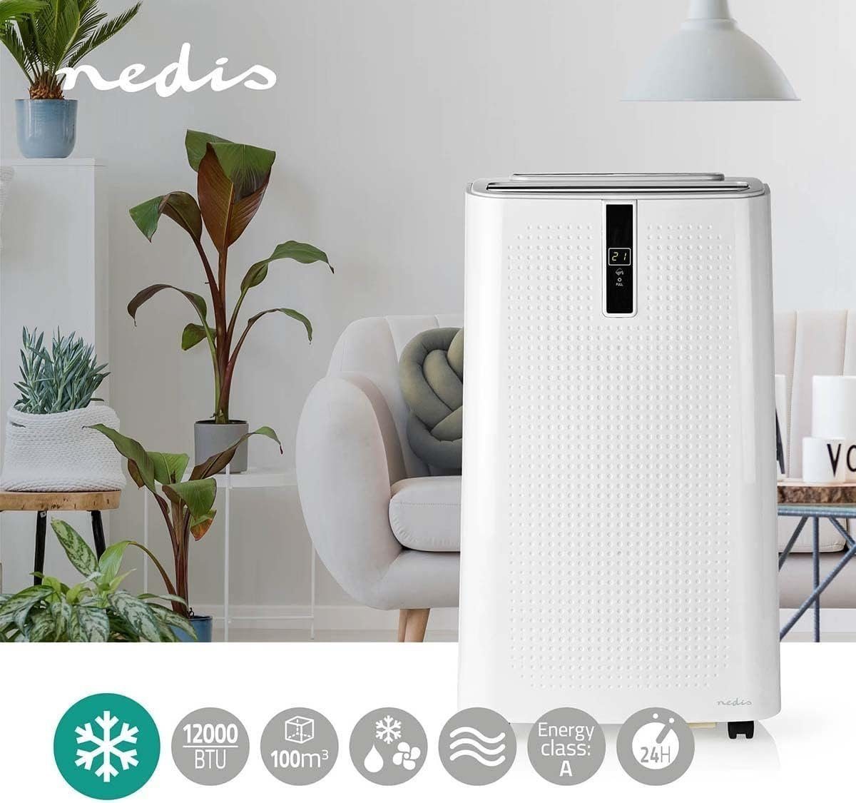 Nedis 3-in-1-Klimagerät Mobile Klimaanlage 12000 BTU 3-Geschwindigkeitsstufen inkl. Zubehör, 24-Stunden-Timer, Ruhemodus, Anzeige Voller Wassertank