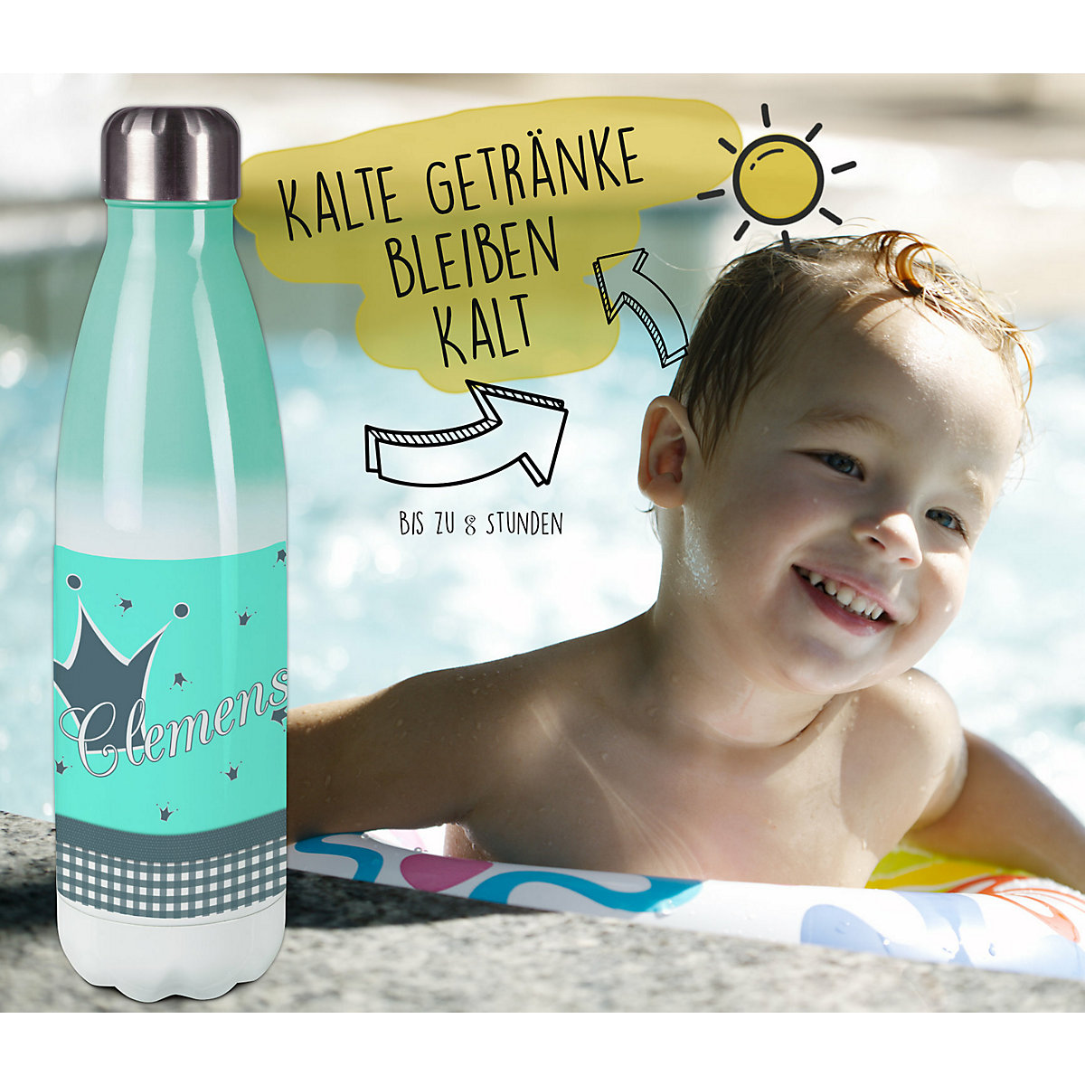 Edelstahl Kinder Thermoflasche / Trinkflasche bunt Krone Farbe türkis grau Spülmaschinenfest, Auslaufsicher, Bruchfest, Doppelwandig, Für Heißgetränke geeignet, Mit Deckel, Isoliert