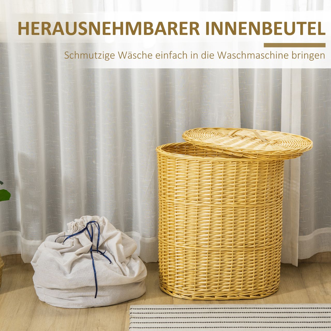 HOMCOM Wäschekorb aus Weide Weidenrute Wäschebox Wäschesammler geflochten mit Deckel Natur 100L 51 x 38 x 57 cm