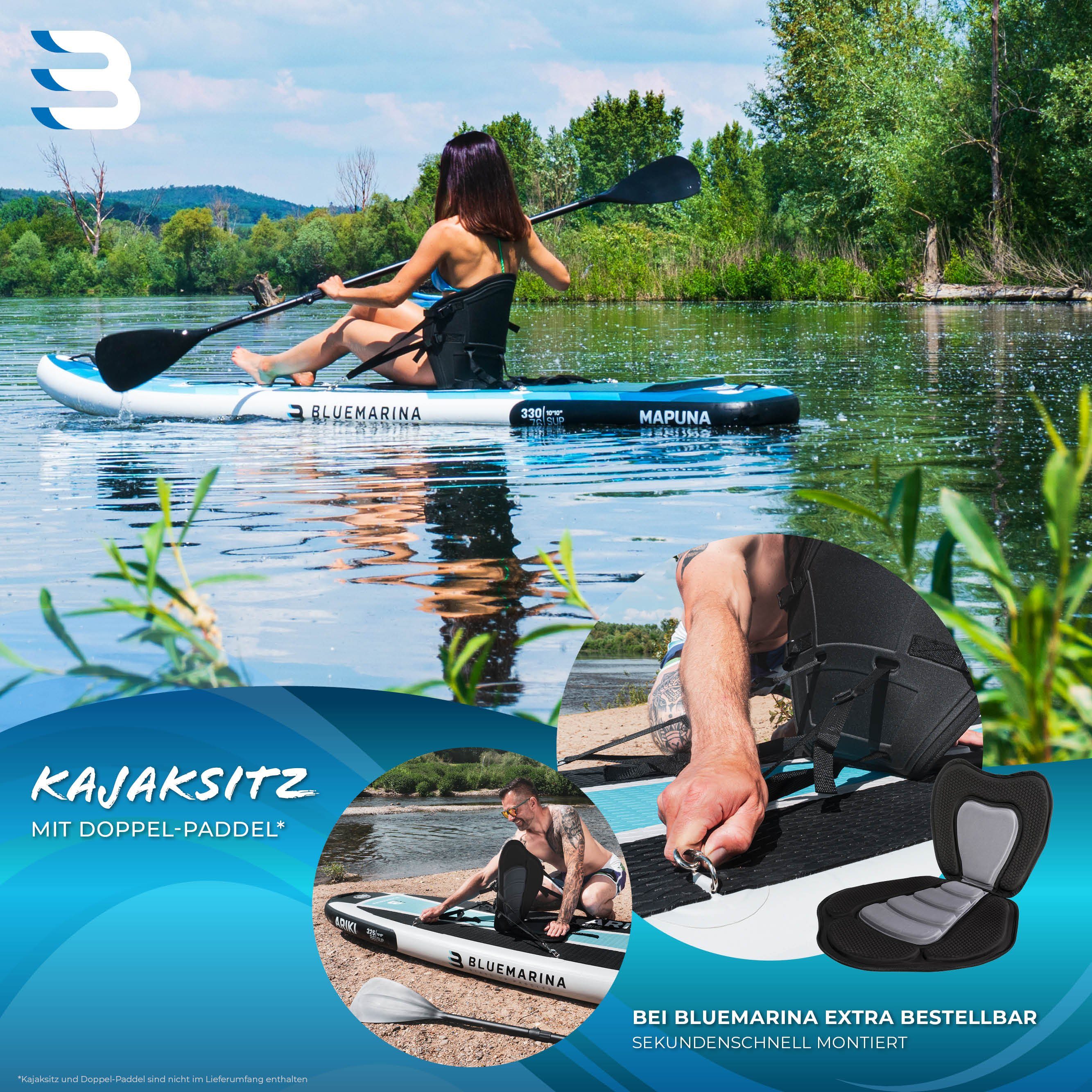 Bluemarina SUP-Board Aufblasbares Bluemarina SUP Board Mapuna inkl. 5 J. Garantie, Stand Up Paddle Board, (15 cm dick, 3 PVC Schichten, max 200 kg), Paddling board, Paddelboard, Surfboard, (100% Polyester -, 3 tlg., bis 200 kg - Double Layer - Kickpa