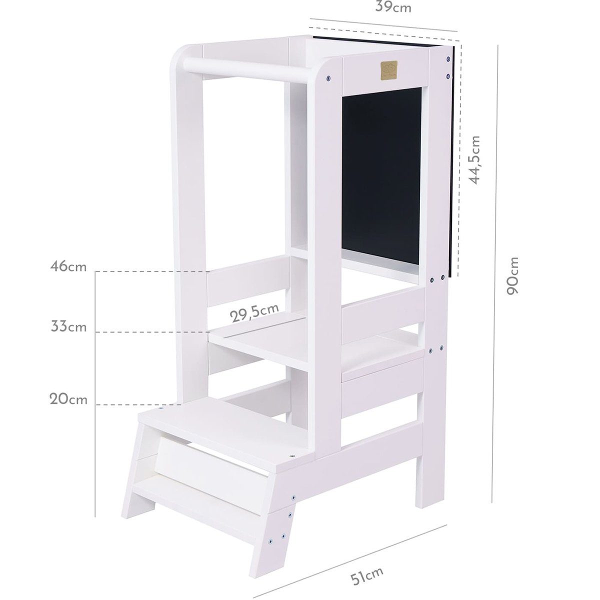 MeowBaby Stehhilfe Lernturm für Kinder Montessori Lernstuhl mit Kreidetafel Weiß (1 St), Kinderhocker, Höhenverstellbar, Abgerundete Ecken & Kanten