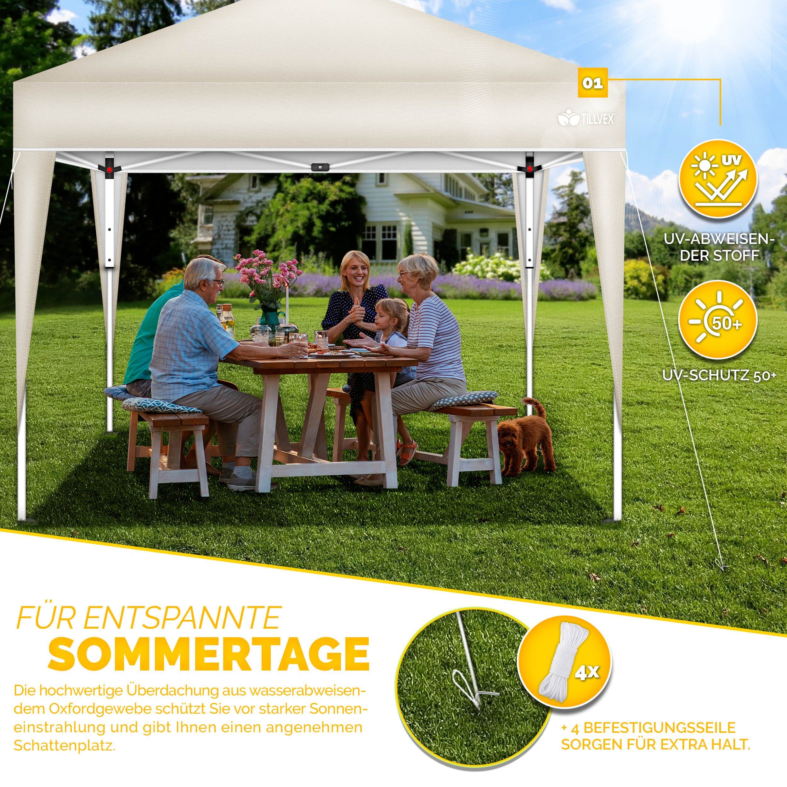 tillvex Pavillon Gartenpavillon 3x3m Wasserdicht Gartenzelt Pop Up, Wasserdicht, höhenverstellbar, UV Schutz 50+, inkl. Tasche