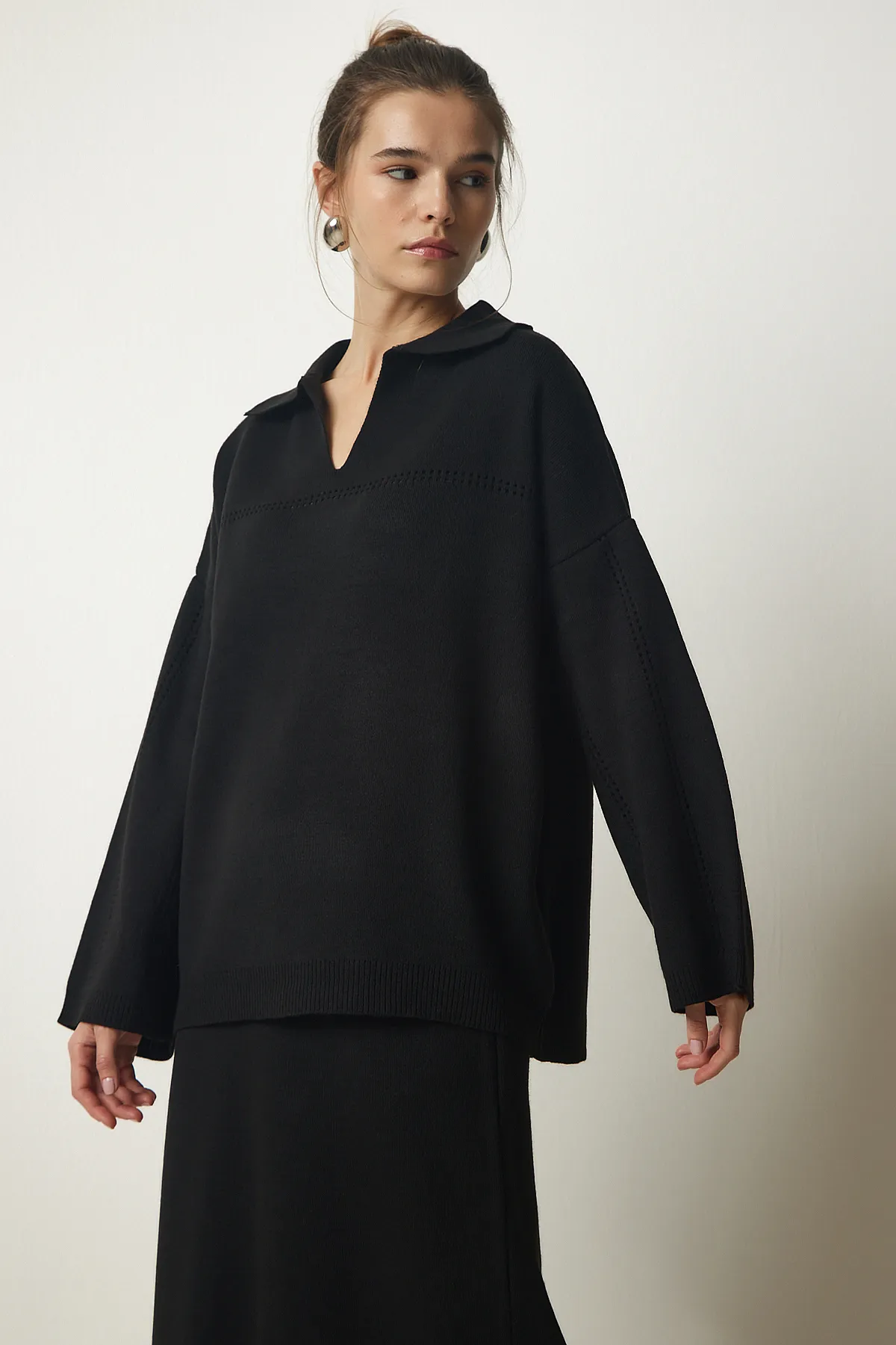 Happiness İstanbul  Stilvolles Strickpullover-Rock-Set mit Polokragen und schwarzem Damen YY00186