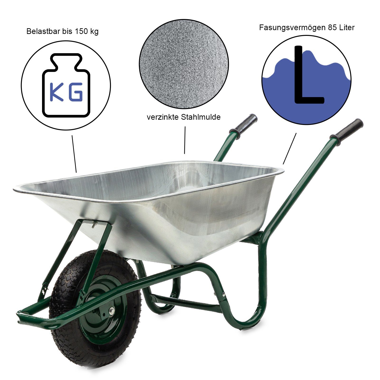 Midori Schubkarre, Gartenkarre 100 L Fassungsvermögen max. Traglast 210 kg Transportkarre verzinkte Wanne Stahlrahmen
