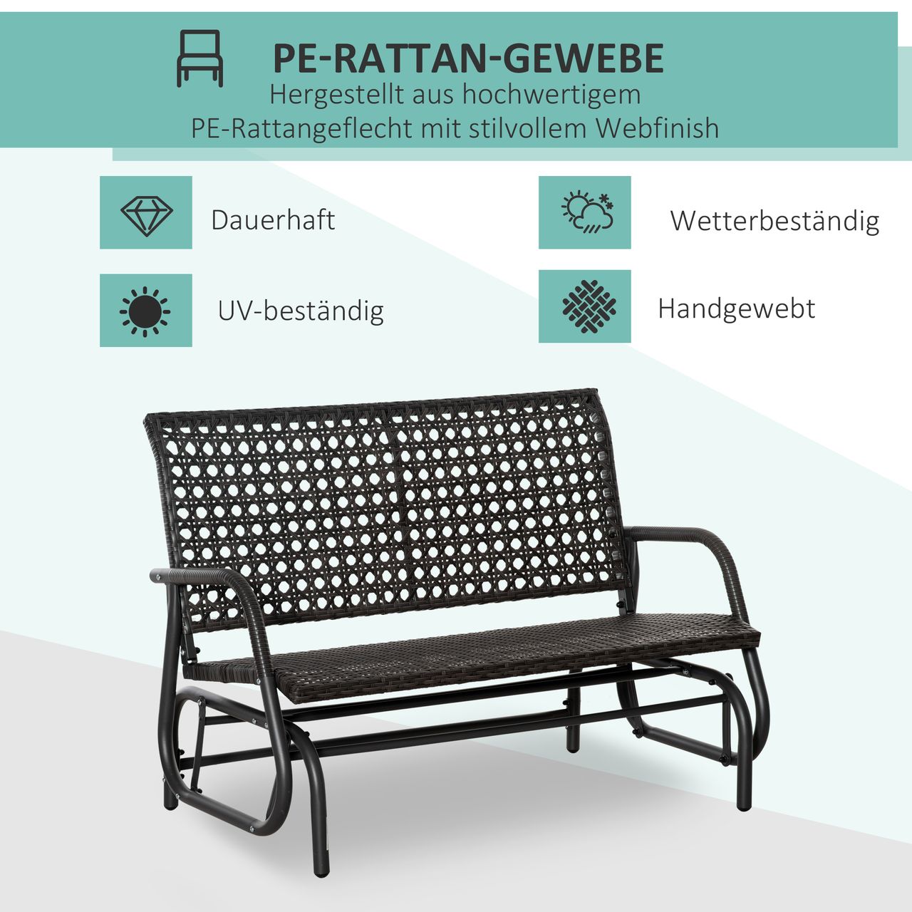 Outsunny Polyrattan Schaukelbank 2-Sitzer Outdoor Terrasse Garten Loveseat Gartenschaukel mit Rückenlehne Sitzbank Parkbank Grau 70 x 120 x 84 cm
