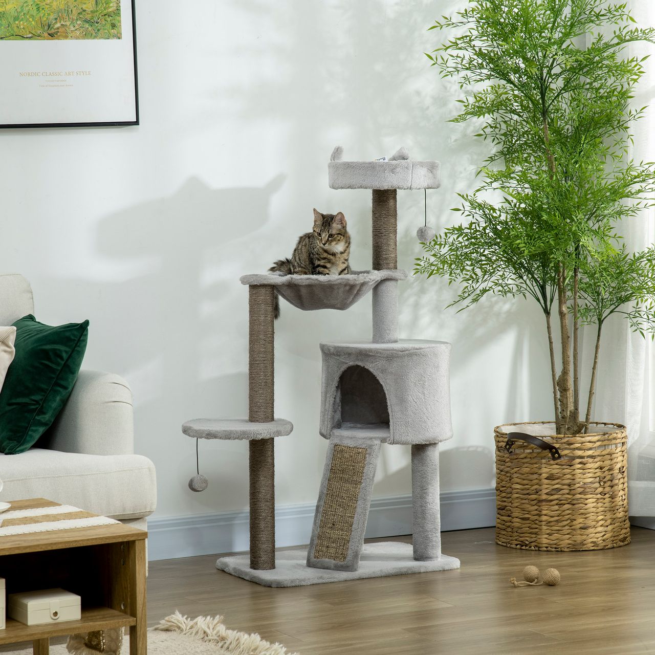 PawHut Kratzbaum 113 cm Katzenbaum mit Katzenhöhle Katzenkratzbaum Hellgrau