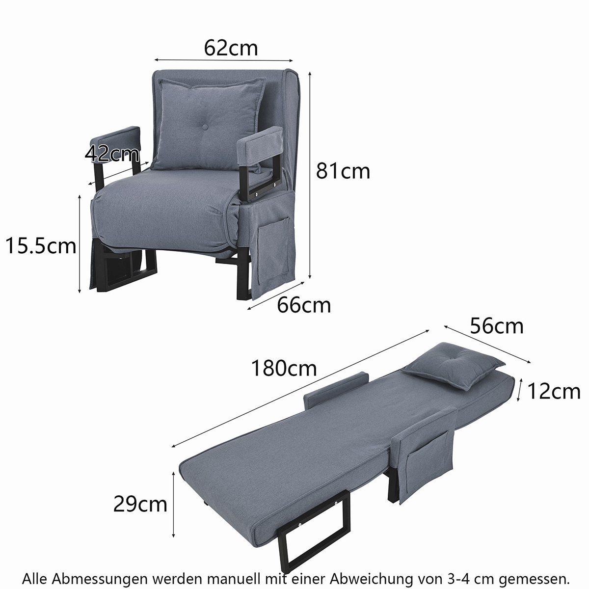 XDeer Relaxsessel 3 in 1 Schlafsofa Schlafsessel Indoor-Liegen mit Kissen, klappbarer Sofasessel Umwandelbare Chaiselongue Gepolsterter