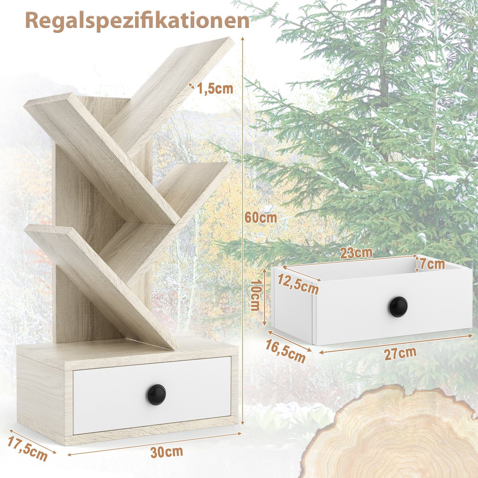 COSTWAY Bücherregal, stehend, in Baumform, mit Schublade, Holz, 30x17,5x60cm