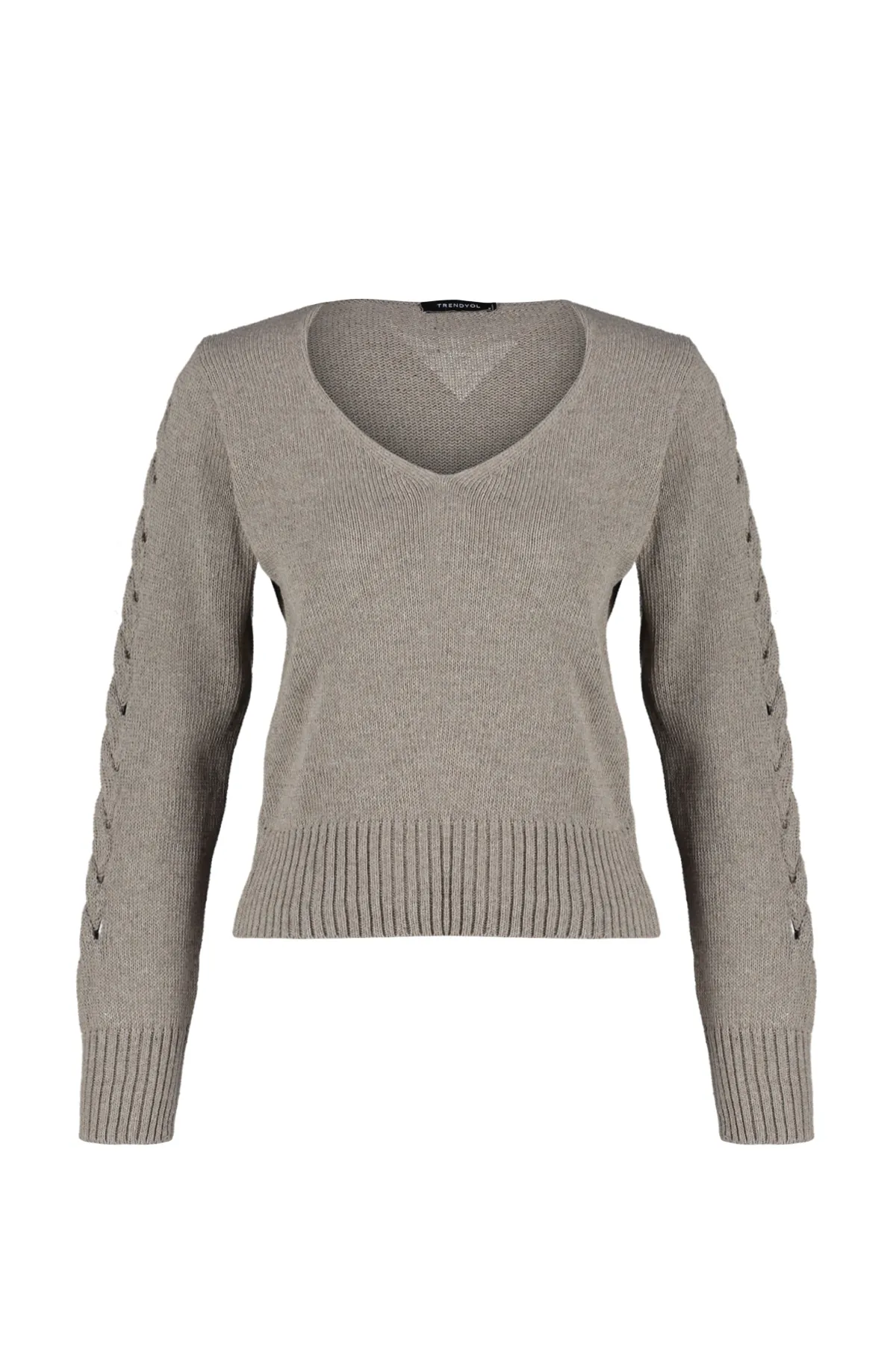Trendyol Collection  Nerzfarbener Strickpullover mit durchbrochenem V-Ausschnitt TWOAW24KZ01217
