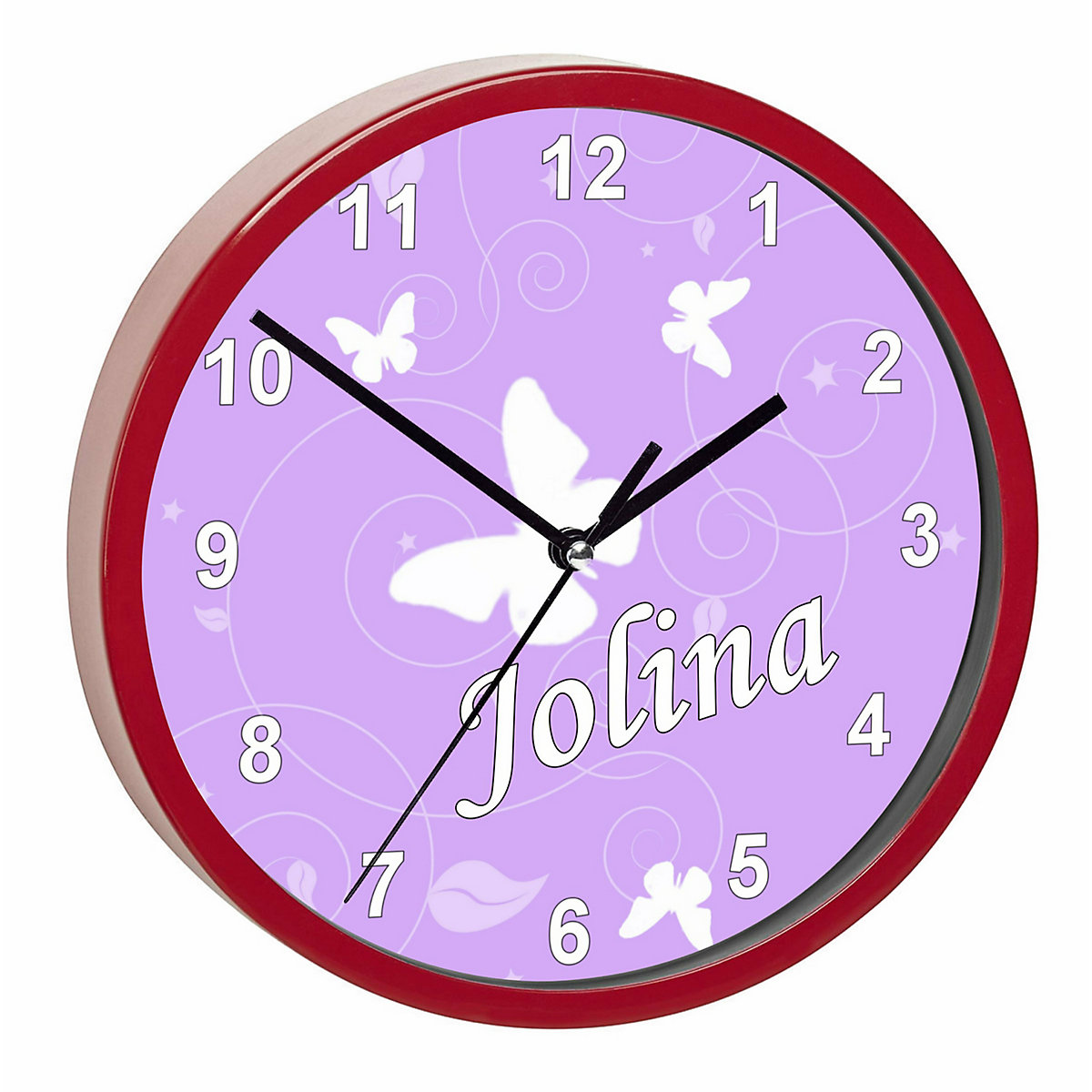 Kinder Wanduhr laufruhig personalisiert mit Name Schmetterling Flieder