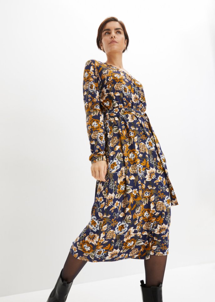 Jerseykleid mit V-Ausschnitt und Bindeband