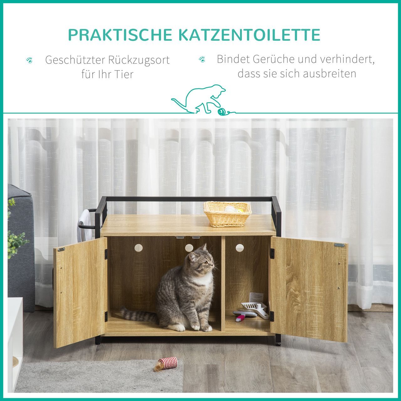 PawHut Katzenschrank für Katzentoilette Katzenklo Beistelltisch Katzenhaus Katzenkommode Schrank Spanplatte Naturholz 82,3 x 51 x 54 cm
