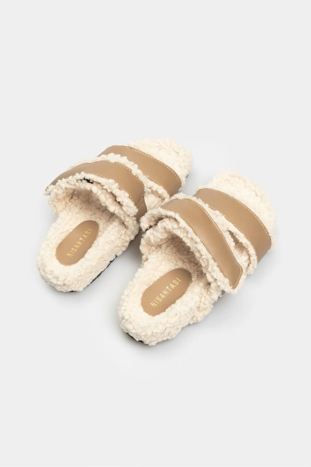NİŞANTAŞI SHOES  Barrow Damen-Hausschuhe in Dunkelbeige mit mattem Klettverschluss und flacher Sohle