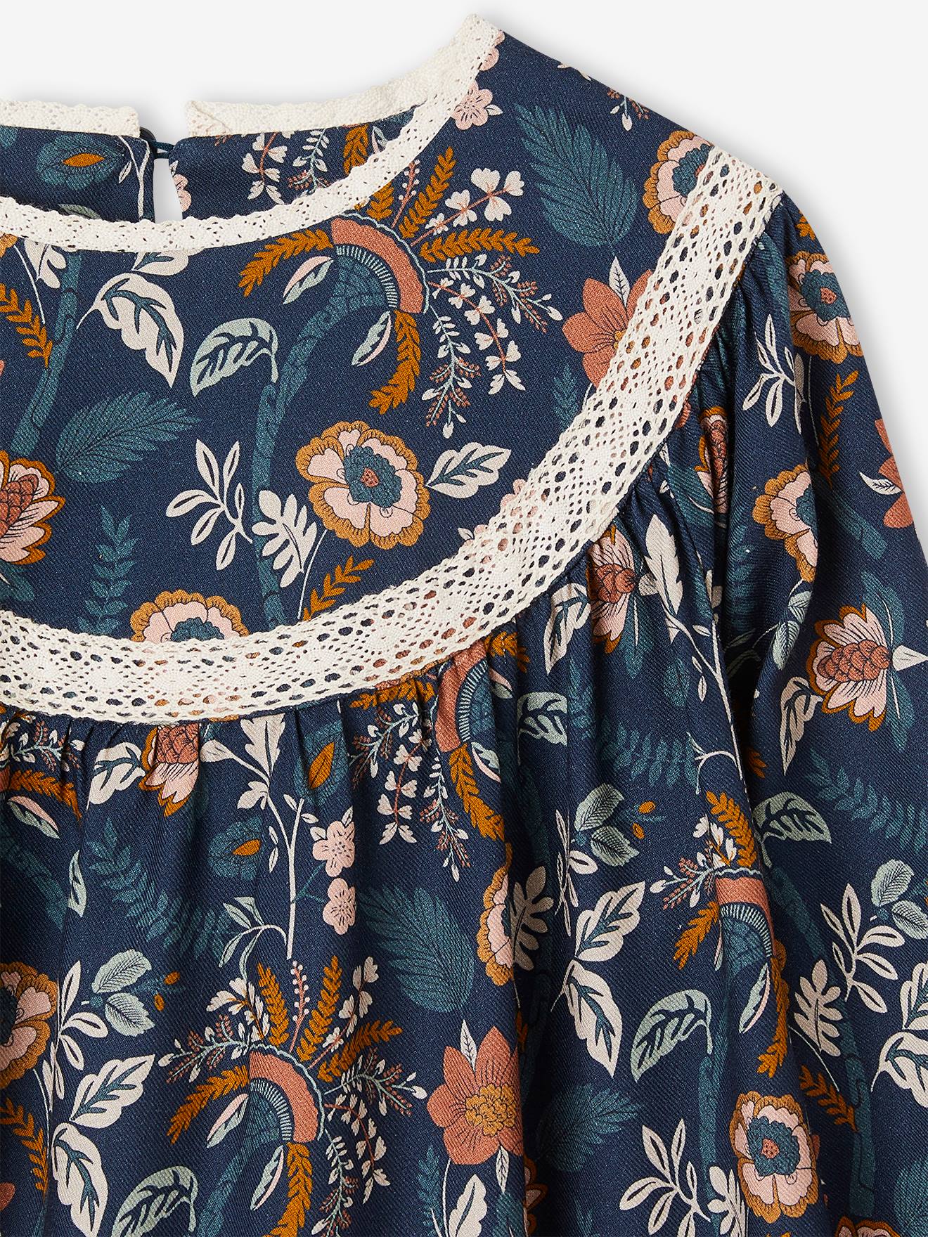Robe à fleurs détails en dentelle fille bleu nuit