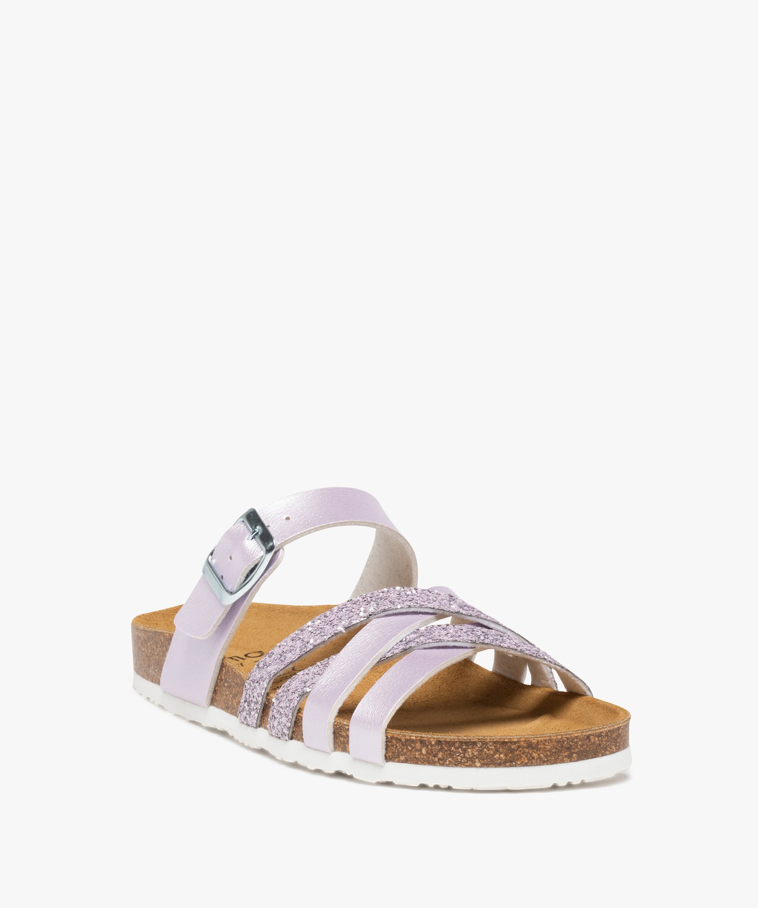 Mules femme plates à brides métallisées et pailletées violet clair | GEMO