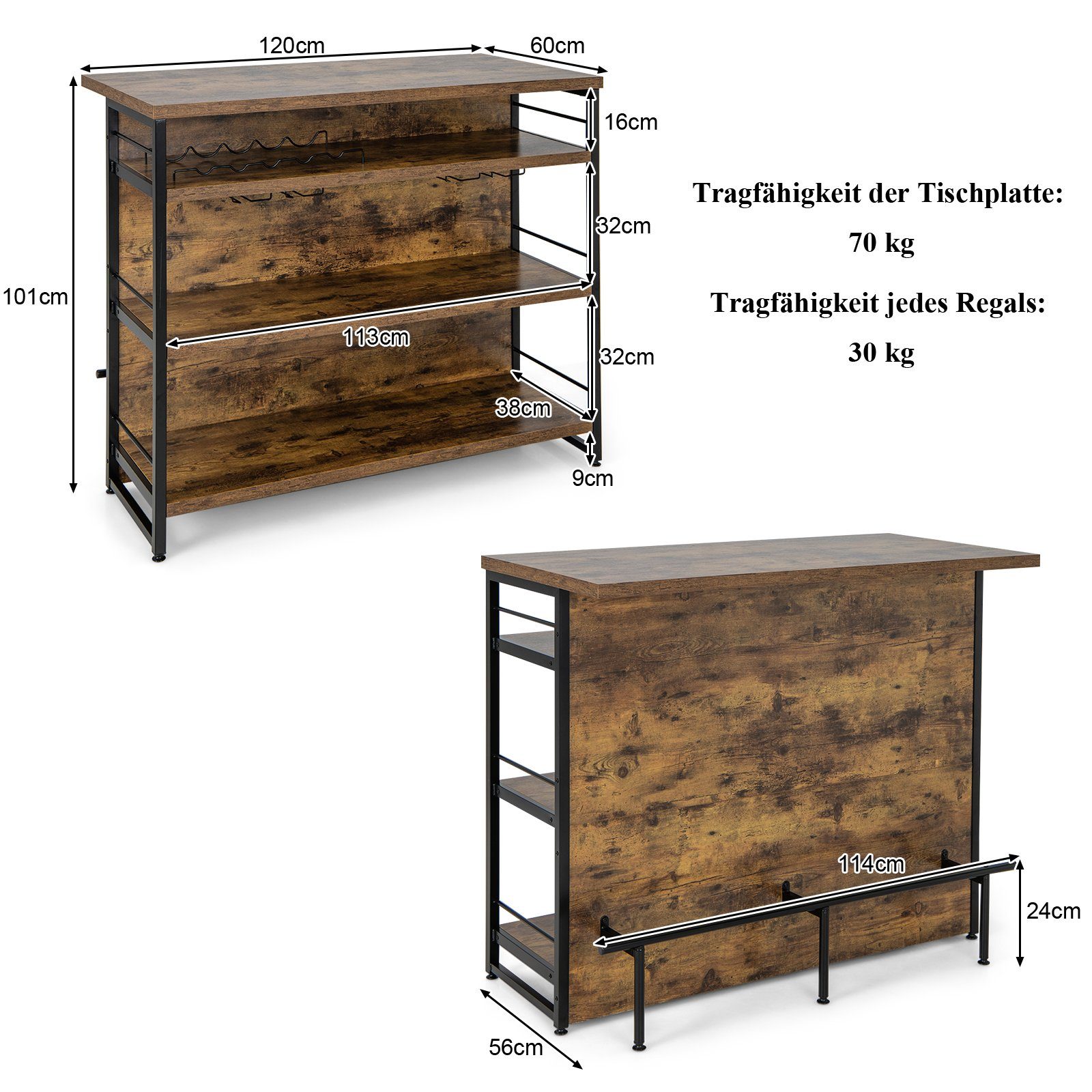 COSTWAY Bartisch, Küchenregal mit Weinregal & Gläserhalter, 120x60x101cm