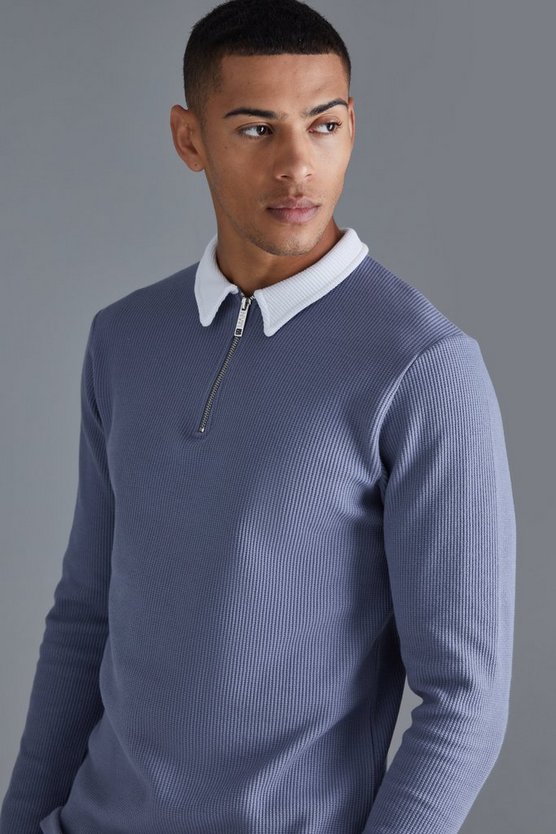 Langärmliges Slim-Fit Poloshirt in Waffeloptik