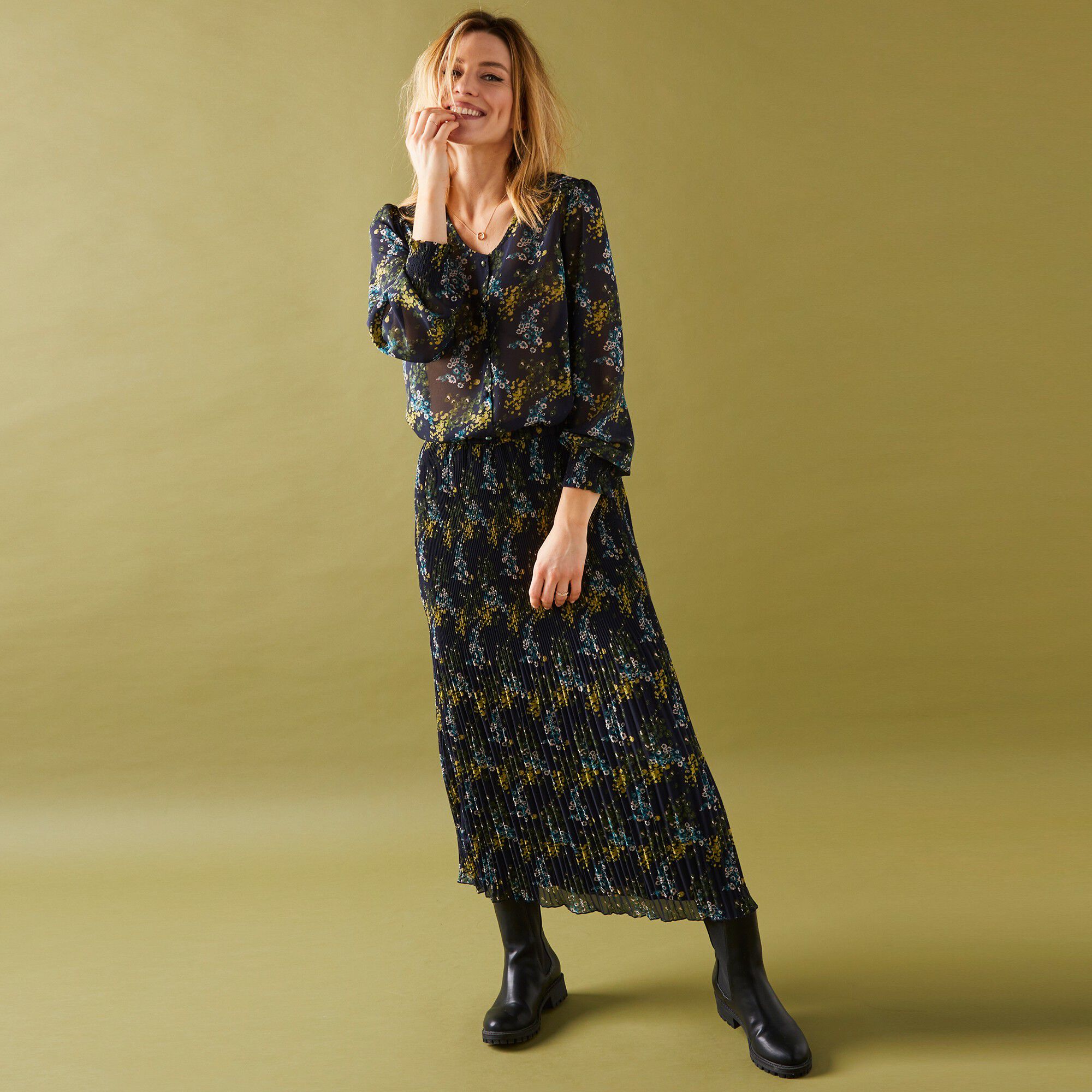 Jupe grande stature voile plissé imprimé fleuri, polyester recyclé(1)