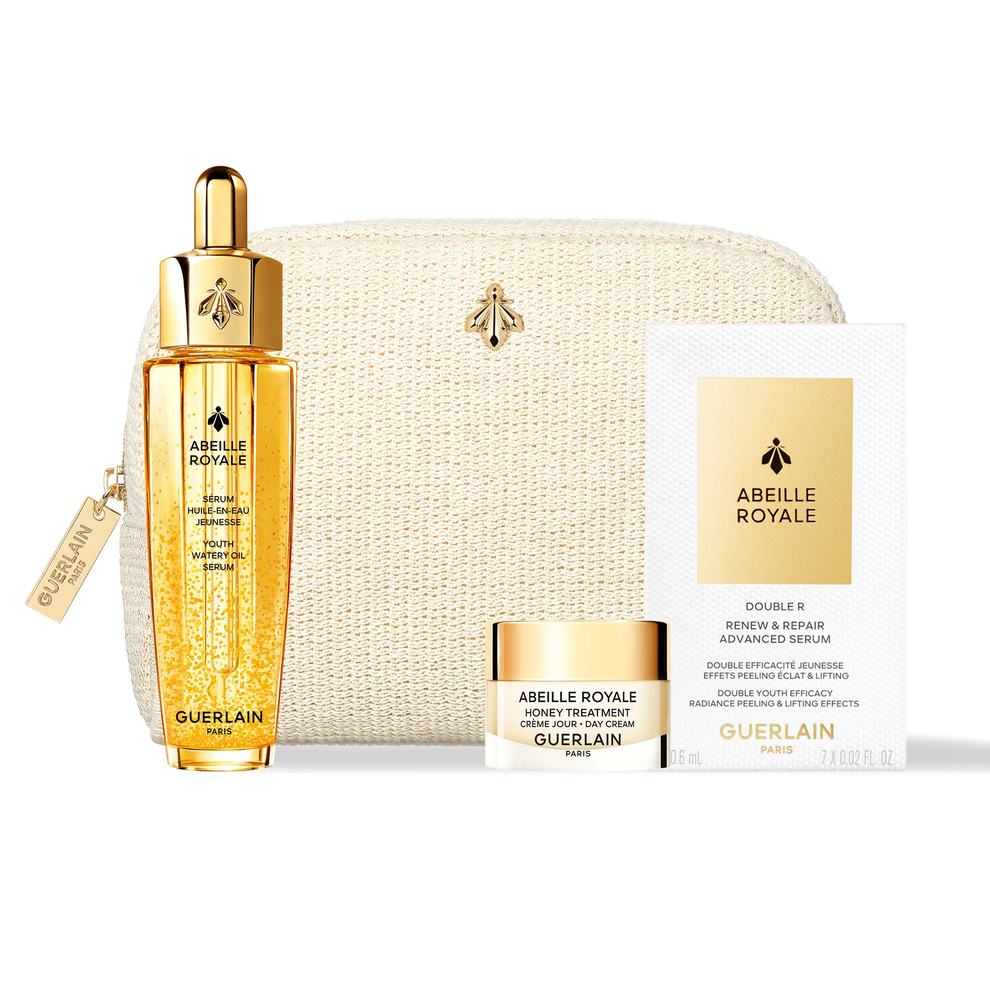 Abeille Royale Anti-Aging Ritual Youth Watery Oil Serum – Globales Pflegeset, Anti-Falten-Gesichtsserum, Anti-Falten-Tagescreme, Kosmetiktasche