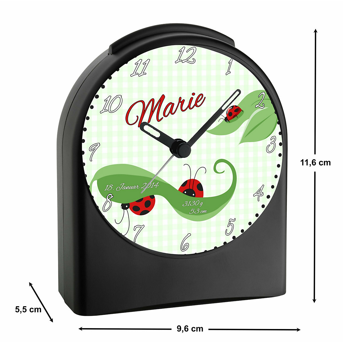 Kinder Funkwecker personalisiert mit Namen Marienkäfer Atom-/Funkuhr, 12-Stunden-Anzeigeformat, Schlummerfunktion, Nachtlicht, Geräuschlos/Ohne Ticken