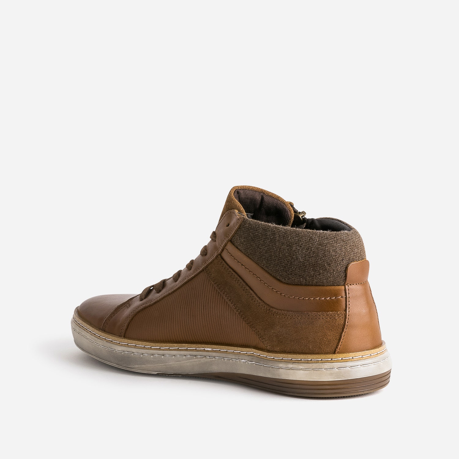 Basket cognac cuir empiècement textile