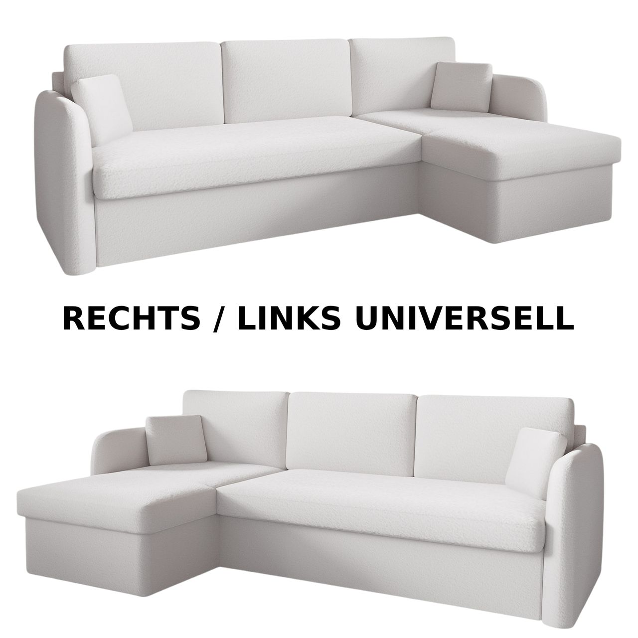 Möbel Punkt Ecksofa NICE Abriamo Boucle Ecru Hell mit Bett und Bettkasten Ottomane Universell Rechts Links