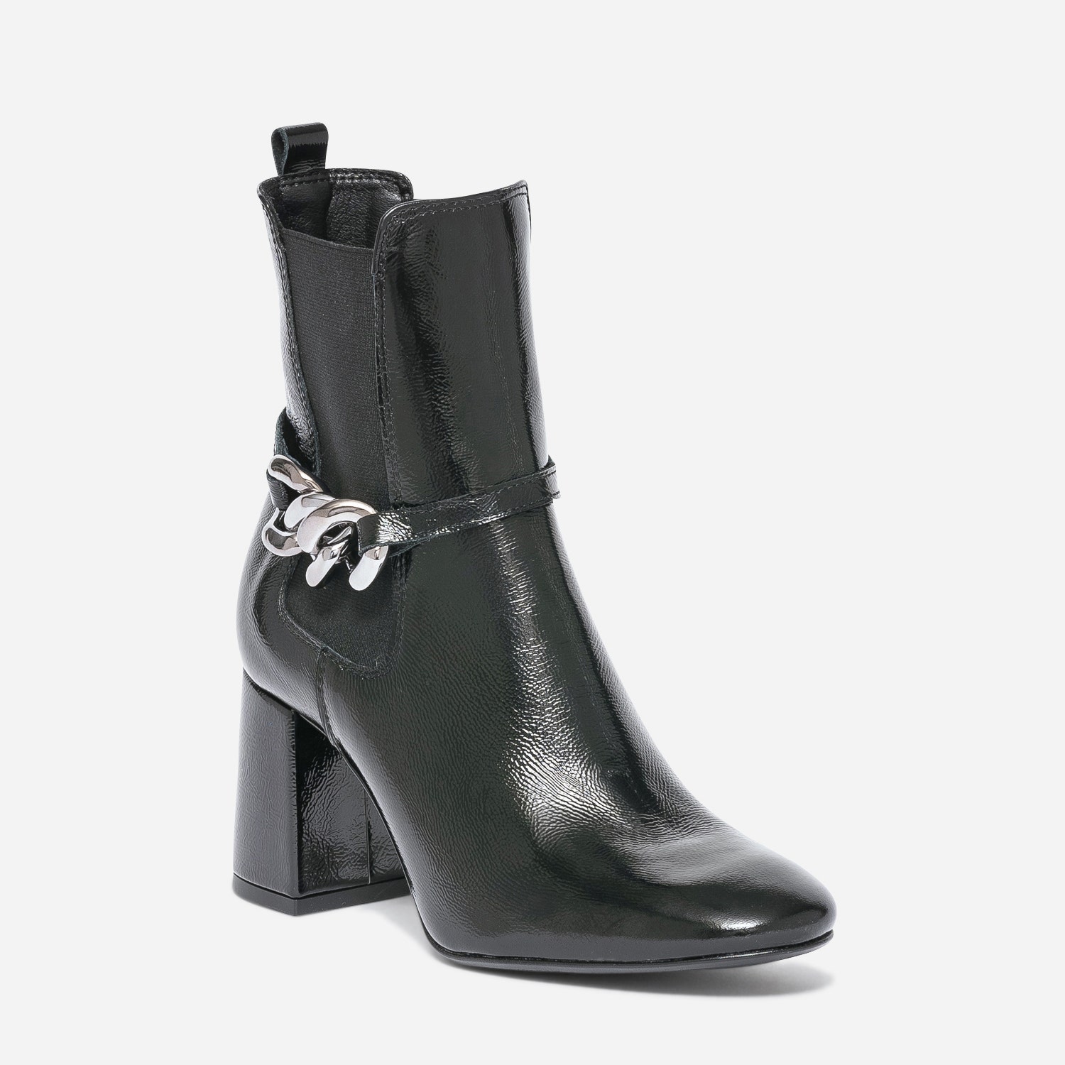 Chelsea boots noir verni éco-conçu avec chaîne