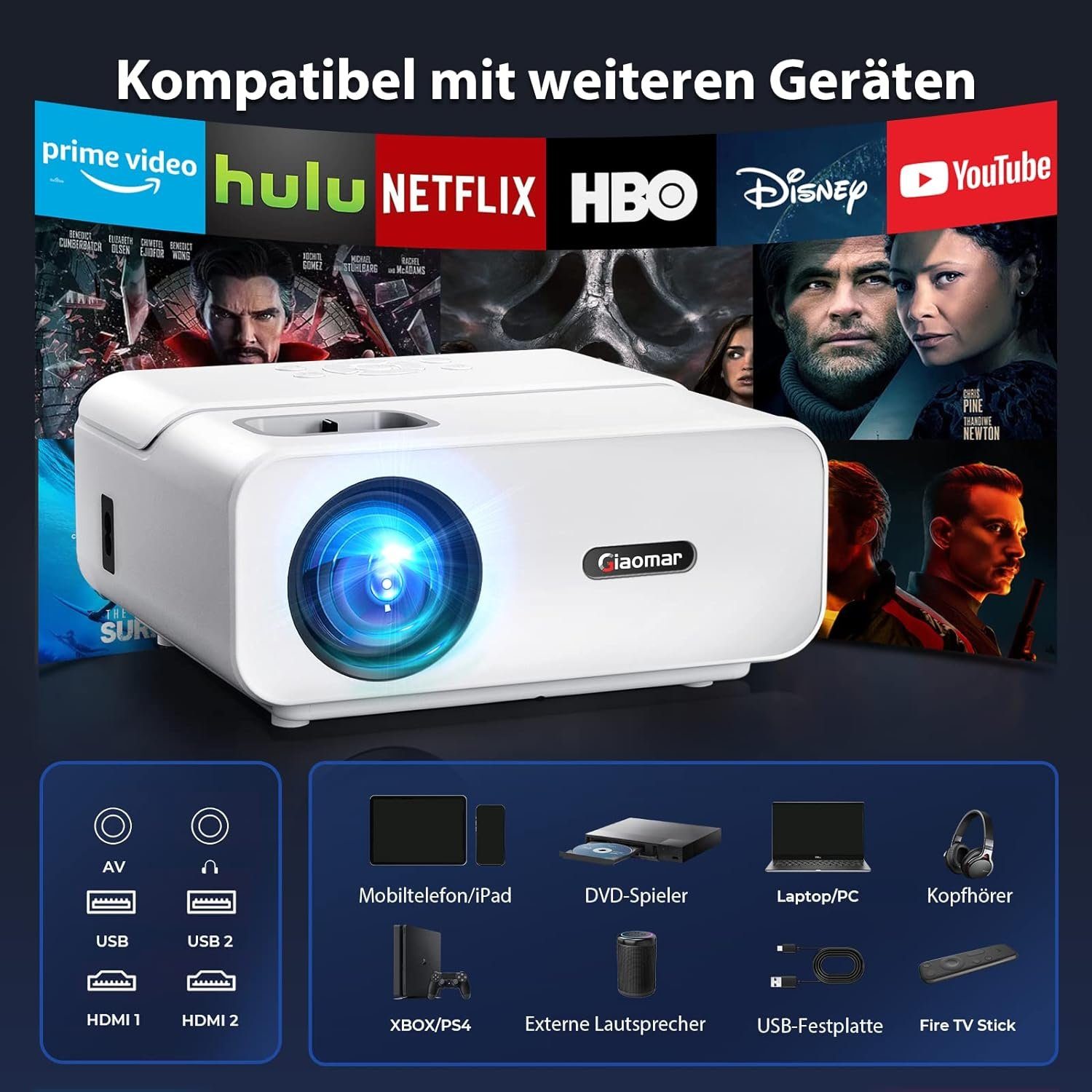 Vigpil Full HD WiFi Bluetooth Beamer 4K Unterstützt, Mini LED Portabler Projektor (14000 lm, 3840 x 2160 px, 300