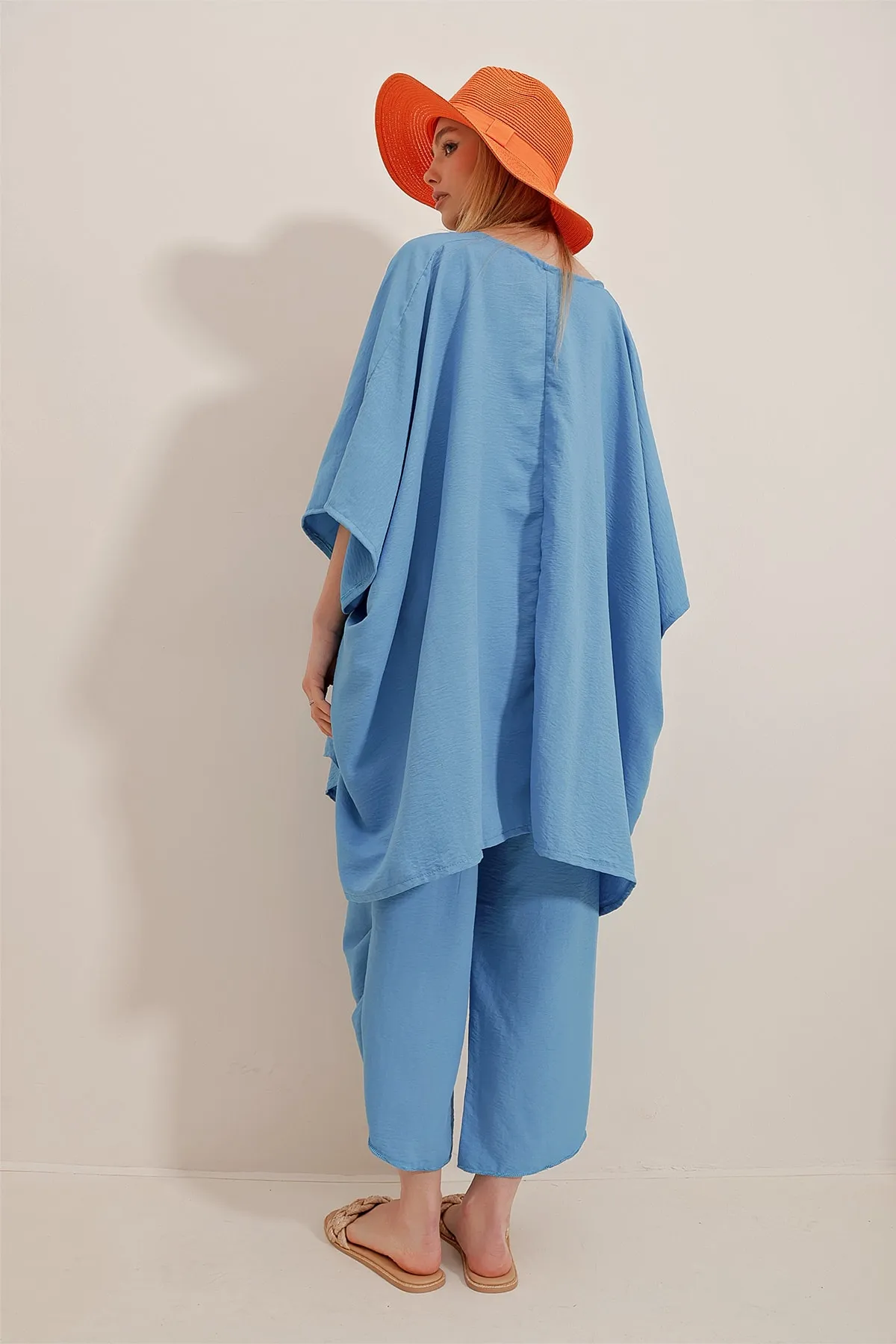 Trend Alaçatı Stili  Damen Fliegerblauer Hosen- und Jackenanzug mit Schlitz am Bein, selbststrukturiert, ALC-752-001