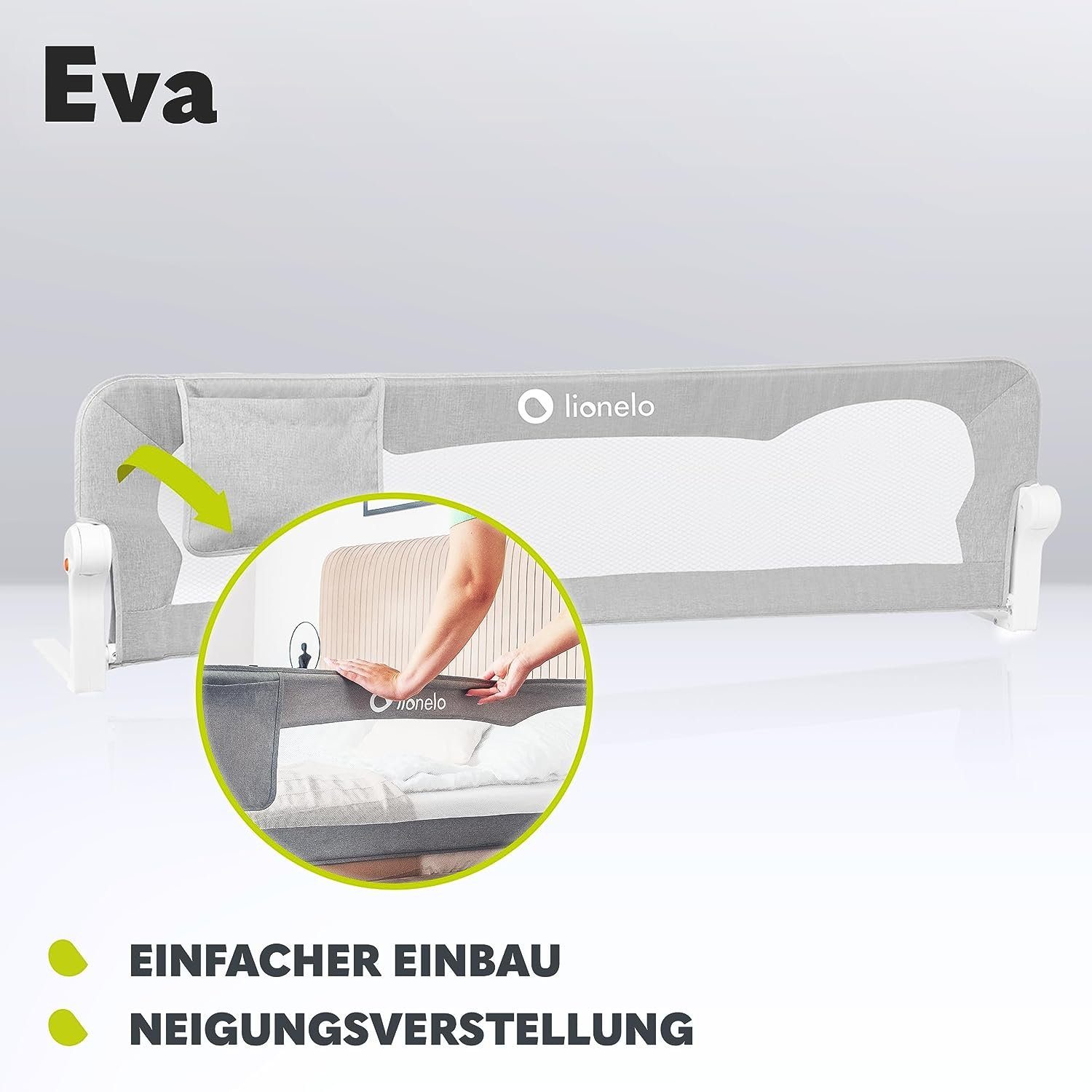 lionelo Bettschutzgitter Eva (TOP, Zwei Sicherheitsgurte, Neigungsverstellung, einfache Montage), Einfache Montage, Zusammenklappbar um 180 Grad, Robuste Konstruktion