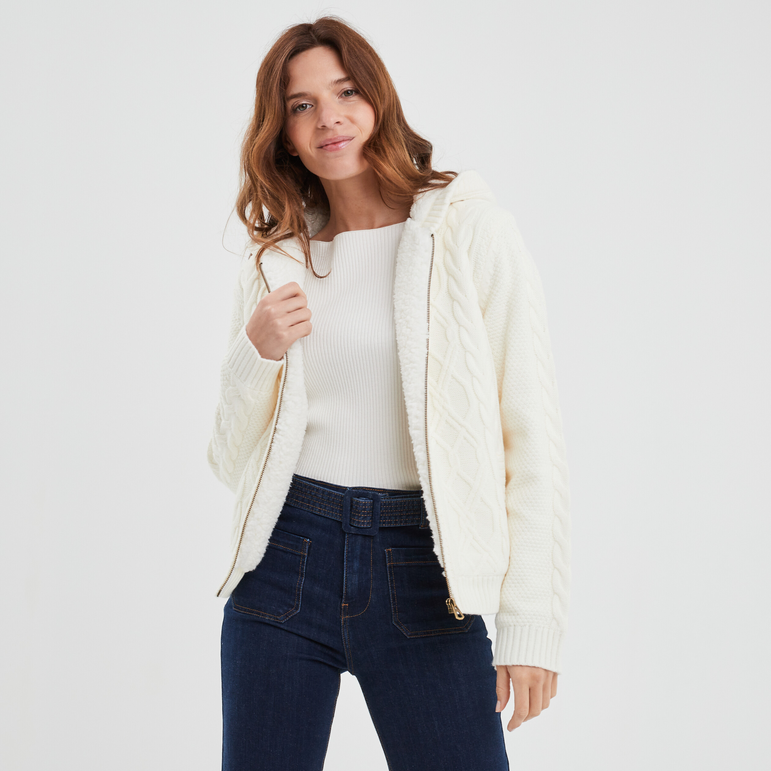 Gilet zippé doublure sherpa à capuche ecru femme | La Halle