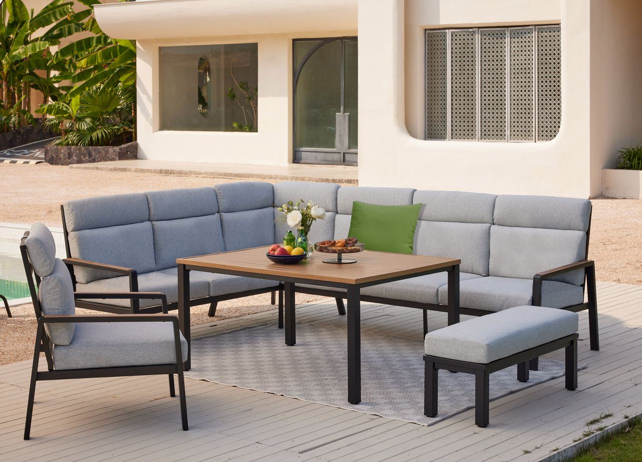 Happy Home 6 tlg. Eck-Lounge Set HGS55-GRA mit hoher Rückenlehne, Sitzkissen, grau & Holzoptik