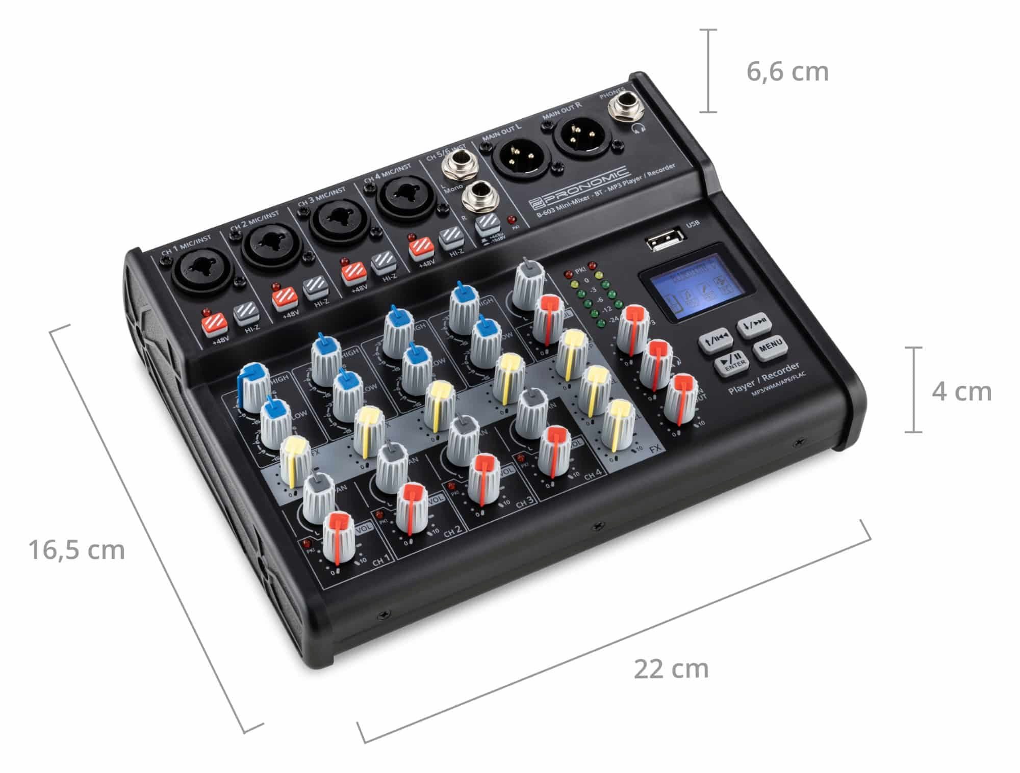 Pronomic Mischpult B-603 6-Kanal Mini-Mixer - Live/Studio DJ Mixer, mit Bluetooth und USB-Recording