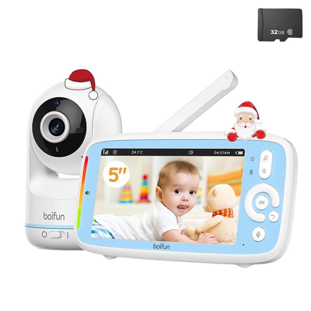 Boifun Babyphone 5'' 720P IPS Bildschirm intelligenter Kamera Babymonitor mit SD Karte, HD PTZ 330°/135°, 3×Zoom, VOX Funktion, Zwei-Wege-Audio Babyphone, Fütterungserinnerung,Lautstärke-LED,Kabellos Drehbare Kamera, 3050mAh Akku,Nachtsicht, Temperat
