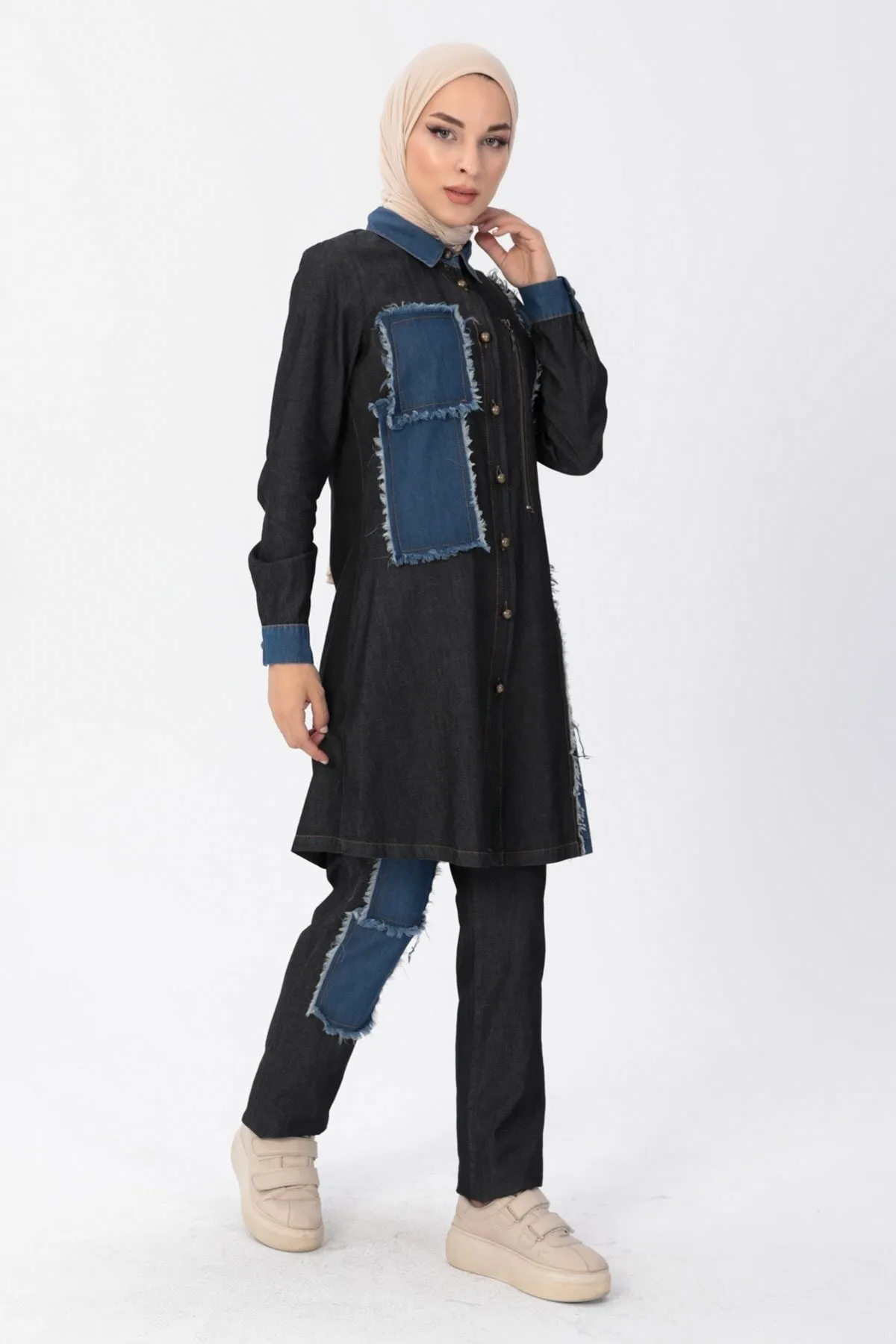Modamihram  Reißverschluss-detaillierte Hijab-Denim-Kombination Schwarz 10074