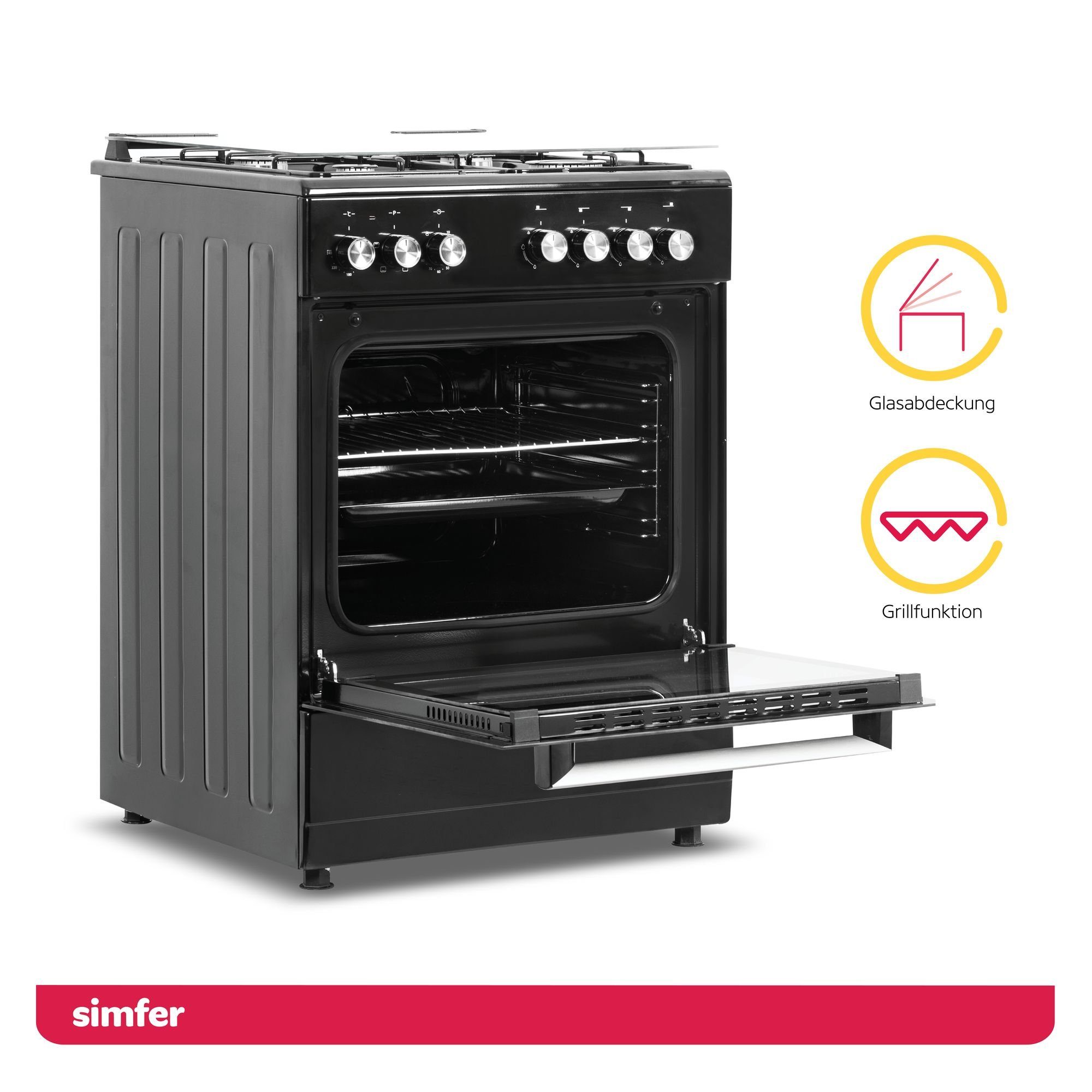Simfer Gas-Standherd SMF FS 6031, 60 cm, Gaskochfeld mit Elektro-Backofen, 66 Liter Garraum, mit Teleskopauszug nachrüstbar, Grillfunktion, Seitengitter, Timer, Elektrische Taktfunkenzündung