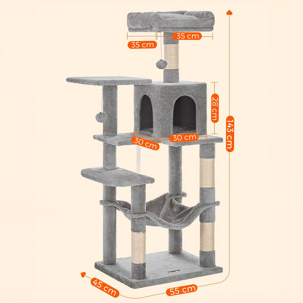 Katzenhaus 143 cm, mit 4 Kratzsäulen, 2 Plattformen, Hängematte und Höhle