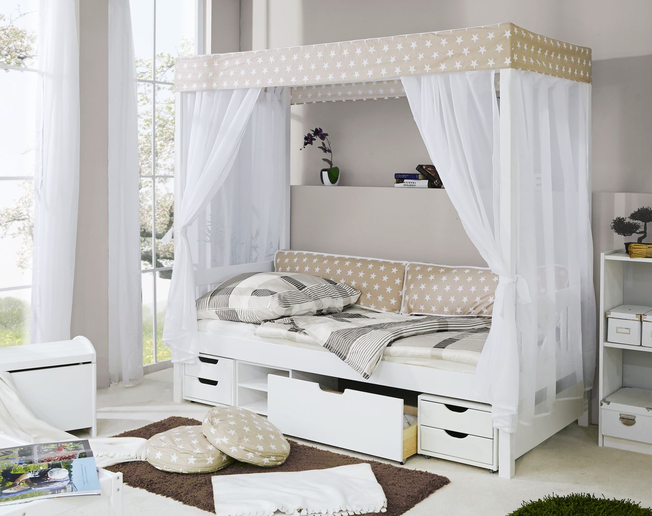 Ticaa Himmelbett Beige Var. 3 - mit Funktionsschubkasten -