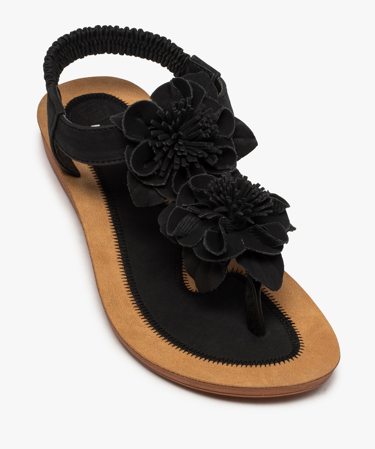 Sandales femme à entre-doigt ornées de fleurs en relief noir | GEMO