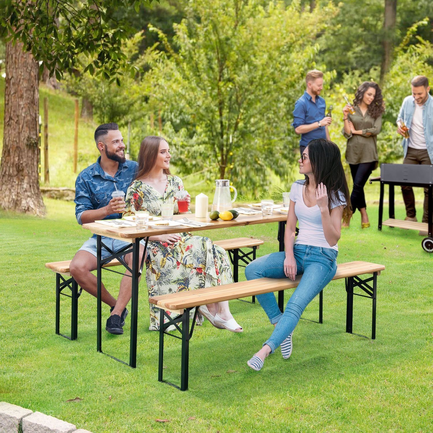 Juskys Bierzeltgarnitur Bichl, (Set, 3-tlg., Bierzeltgarnitur), Wetter und UV-beständig, klappbar, lackiertes Tannenholz