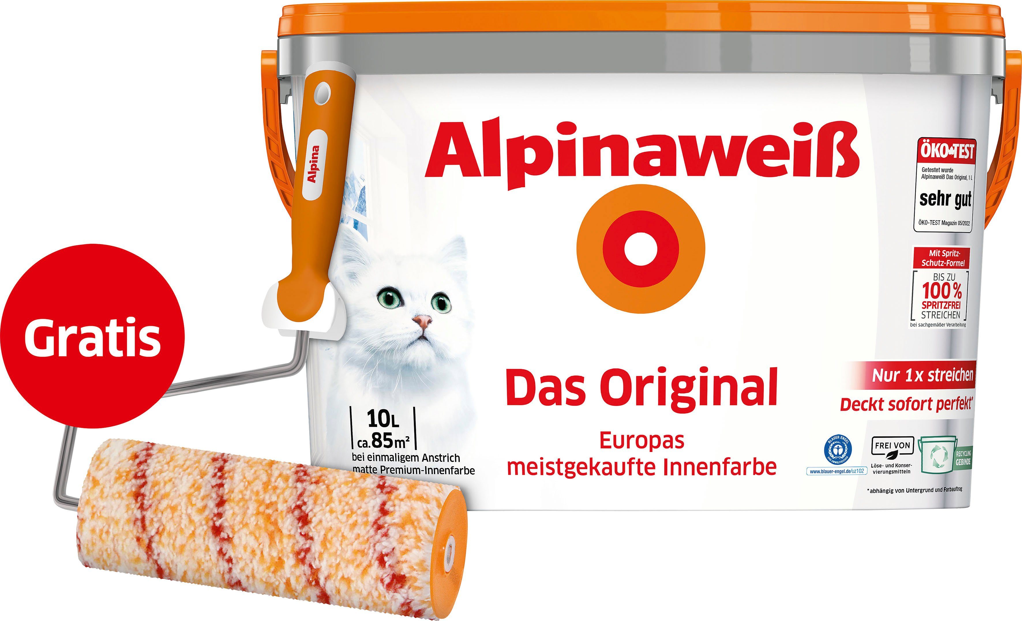 Alpina Wandfarbe Alpinaweiß Das Original, 10 Liter matt, für Innenwände, inkl. Alpina Roller 18 cm