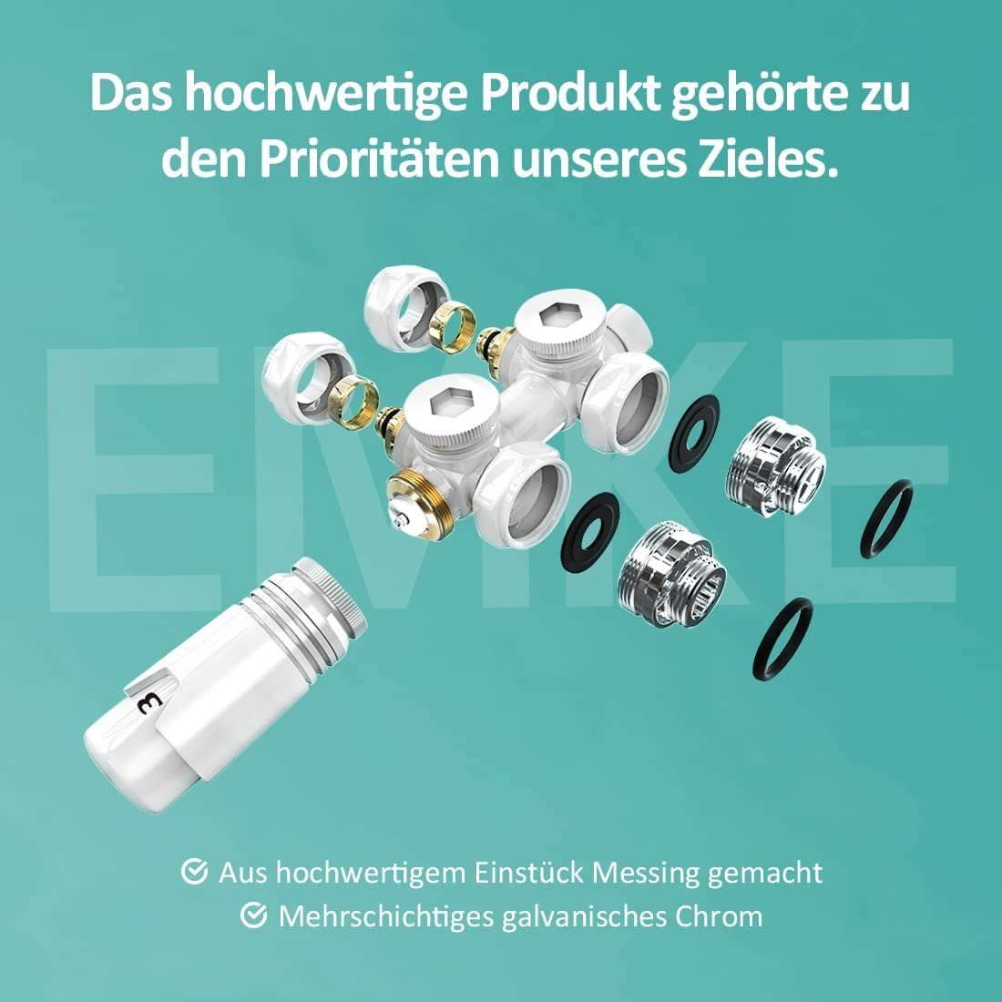 EMKE Heizkörperthermostat EMKE Anschlussarmatur Ventil mit Thermostat für Heizkörper, Hahnblock Heizungszubehör Eck- und Durchgangsform φ16xG1/2