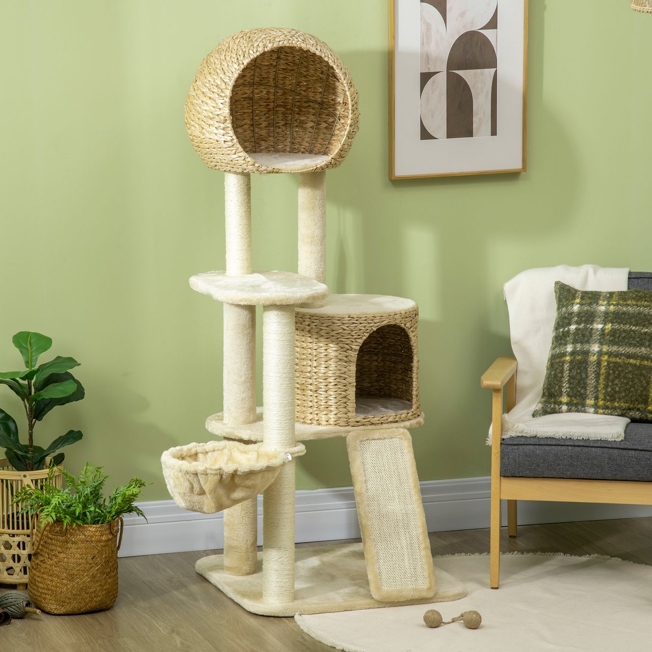 PawHut Kratzbaum, Kletterbaum mit Katzenhaus, Katzenbaum mit Rampe, Spielbaum