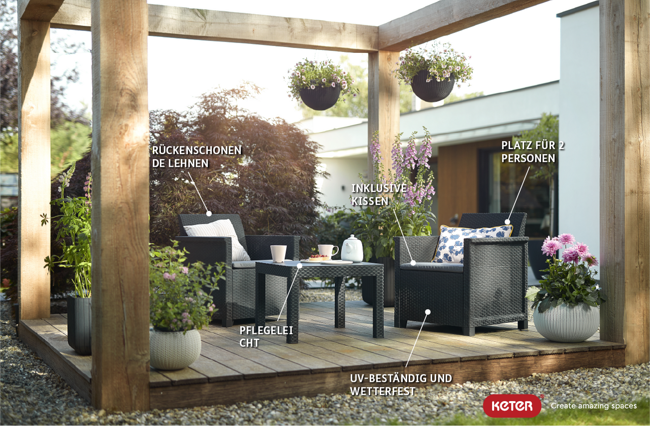 Kesper Emma Balkonset Gartenset 5-teilig - graphit , 2 Sessel, Sitzauflagen & 1 Tisch mit Truhenfunktion