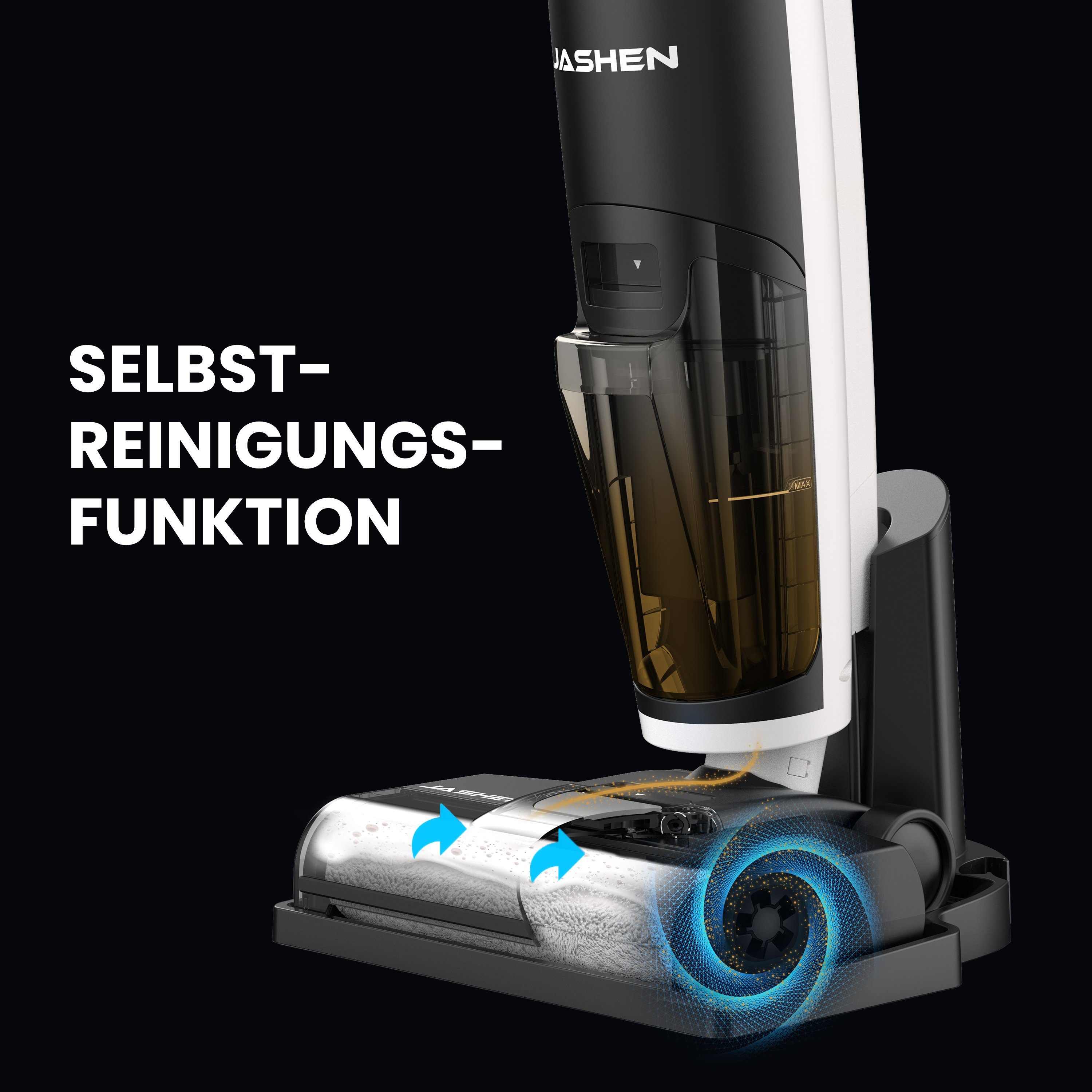 JASHEN Nass-Trocken-Akkusauger F12, 220,00 W, beutellos, getrennte Frisch- und Schmutzwassertanks, für alle Hartböden, automatische Selbstreinigung der Putzrolle